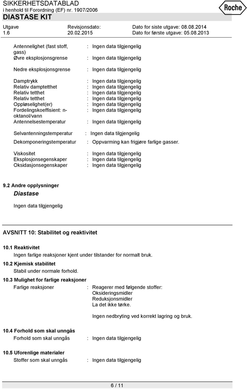 2 Andre opplysninger AVSNITT 10: Stabilitet og reaktivitet 10.1 Reaktivitet Ingen farlige reaksjoner kjent under tilstander for normalt bruk. 10.2 Kjemisk stabilitet Stabil under normale forhold. 10.3 Mulighet for farlige reaksjoner Farlige reaksjoner : Reagerer med følgende stoffer: Oksideringsmidler Reduksjonsmidler La det ikke tørke.