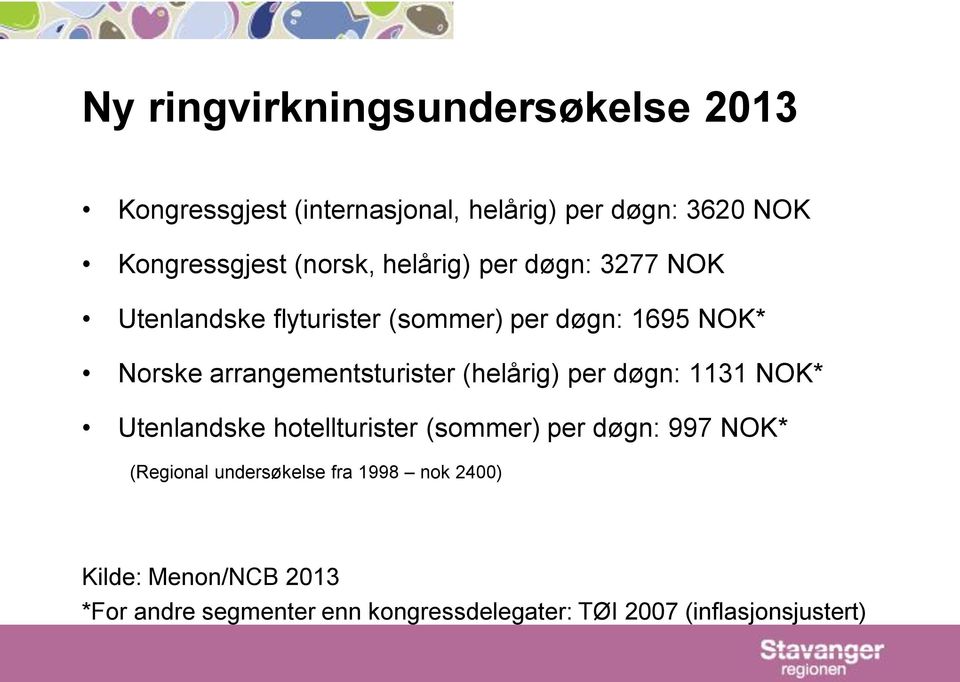 arrangementsturister (helårig) per døgn: 1131 NOK* Utenlandske hotellturister (sommer) per døgn: 997 NOK*
