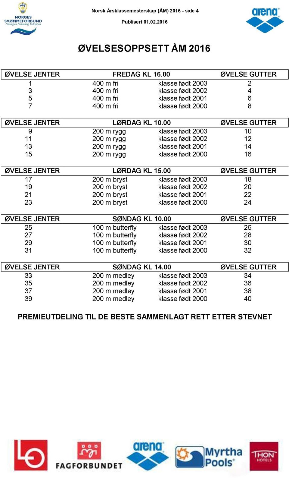 00 ØVELSE GUTTER 9 200 m rygg klasse født 2003 10 11 200 m rygg klasse født 2002 12 13 200 m rygg klasse født 2001 14 15 200 m rygg klasse født 2000 16 ØVELSE JENTER LØRDAG KL 15.