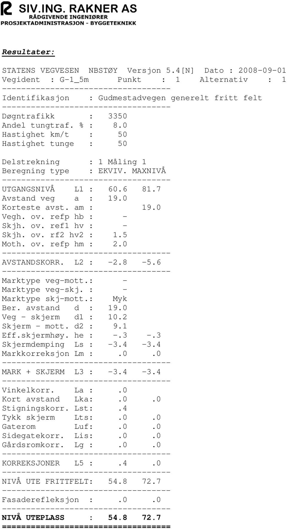 d2 : 9.1 Eff.skjermhøy. he : -.3 -.3 Skjermdemping Ls : -3.4-3.4 Markkorreksjon Lm :.0.0 MARK + SKJERM L3 : -3.4-3.4 Vinkelkorr. La :.0 Kort avstand Lka:.0.0 Stigningskorr. Lst:.4 Tykk skjerm Lts:.0.0 Gaterom Luf:.