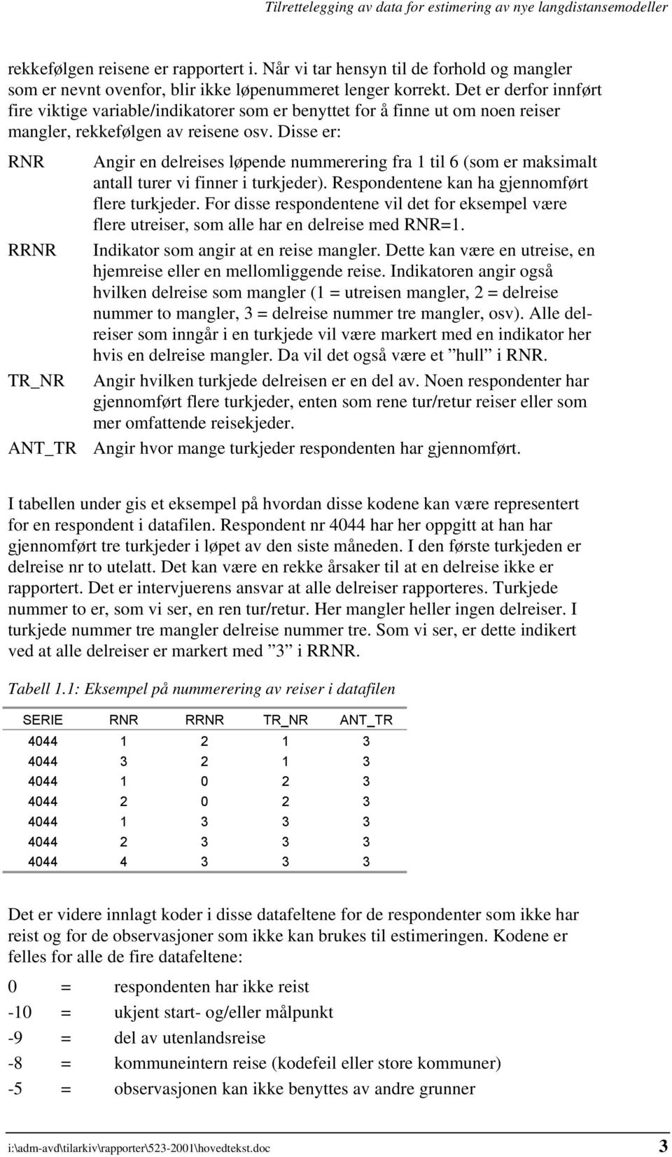 Disse er: RNR Angir en delreises løpende nummerering fra 1 til 6 (som er maksimalt antall turer vi finner i turkjeder). Respondentene kan ha gjennomført flere turkjeder.