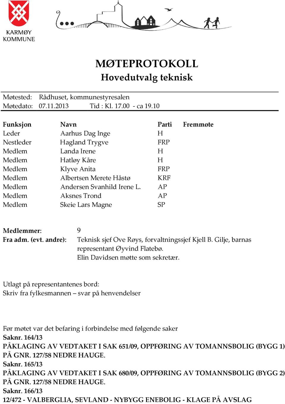 Svanhild Irene L. AP Medlem Aksnes Trond AP Medlem Skeie Lars Magne SP Medlemmer: 9 Fra adm. (evt. andre): Teknisk sjef Ove Røys, forvaltningssjef Kjell B. Gilje, barnas representant Øyvind Flatebø.