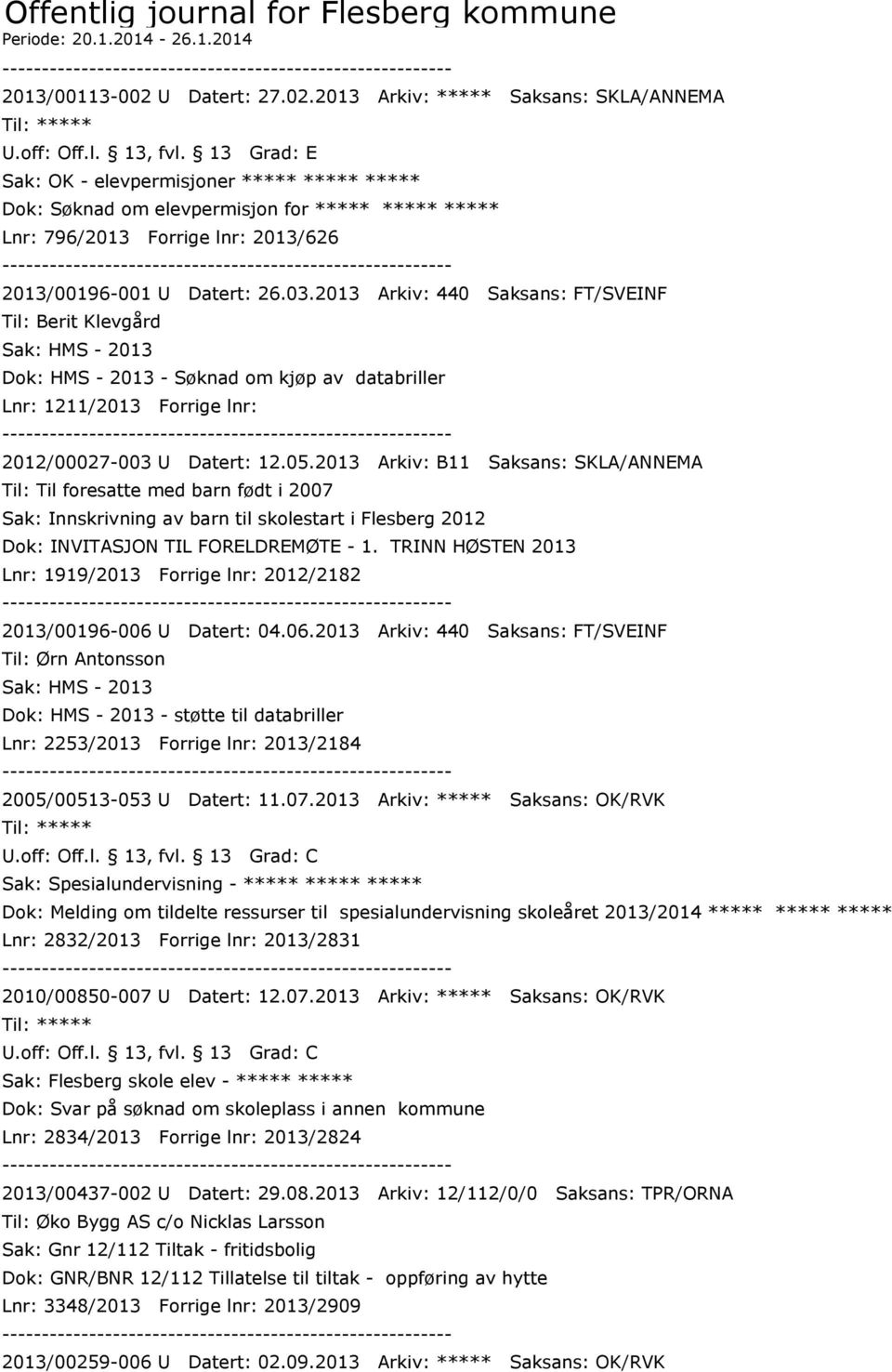 2013 Arkiv: ***** Saksans: SKLA/ANNEMA Sak: OK - elevpermisjoner ***** ***** ***** Dok: Søknad om elevpermisjon for ***** ***** ***** Lnr: 796/2013 Forrige lnr: 2013/626 2013/00196-001 U Datert: 26.