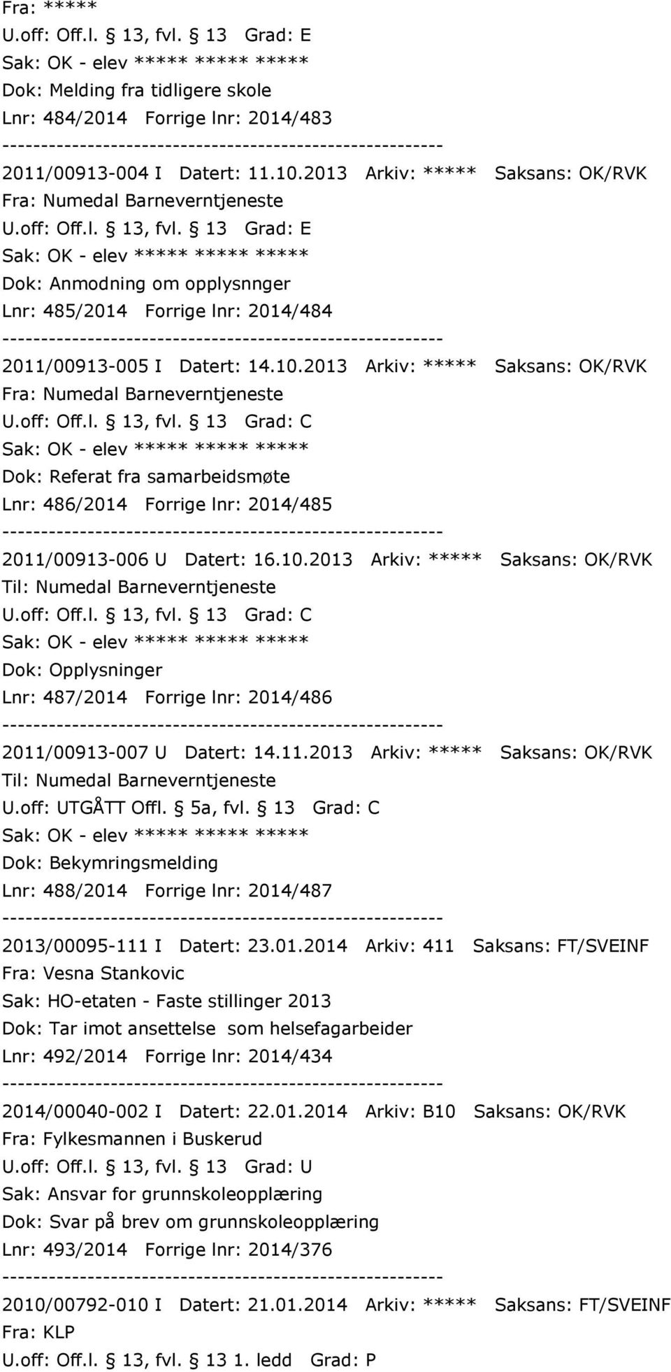 2013 Arkiv: ***** Saksans: OK/RVK Fra: Numedal Barneverntjeneste Dok: Referat fra samarbeidsmøte Lnr: 486/2014 Forrige lnr: 2014/485 2011/00913-006 U Datert: 16.10.