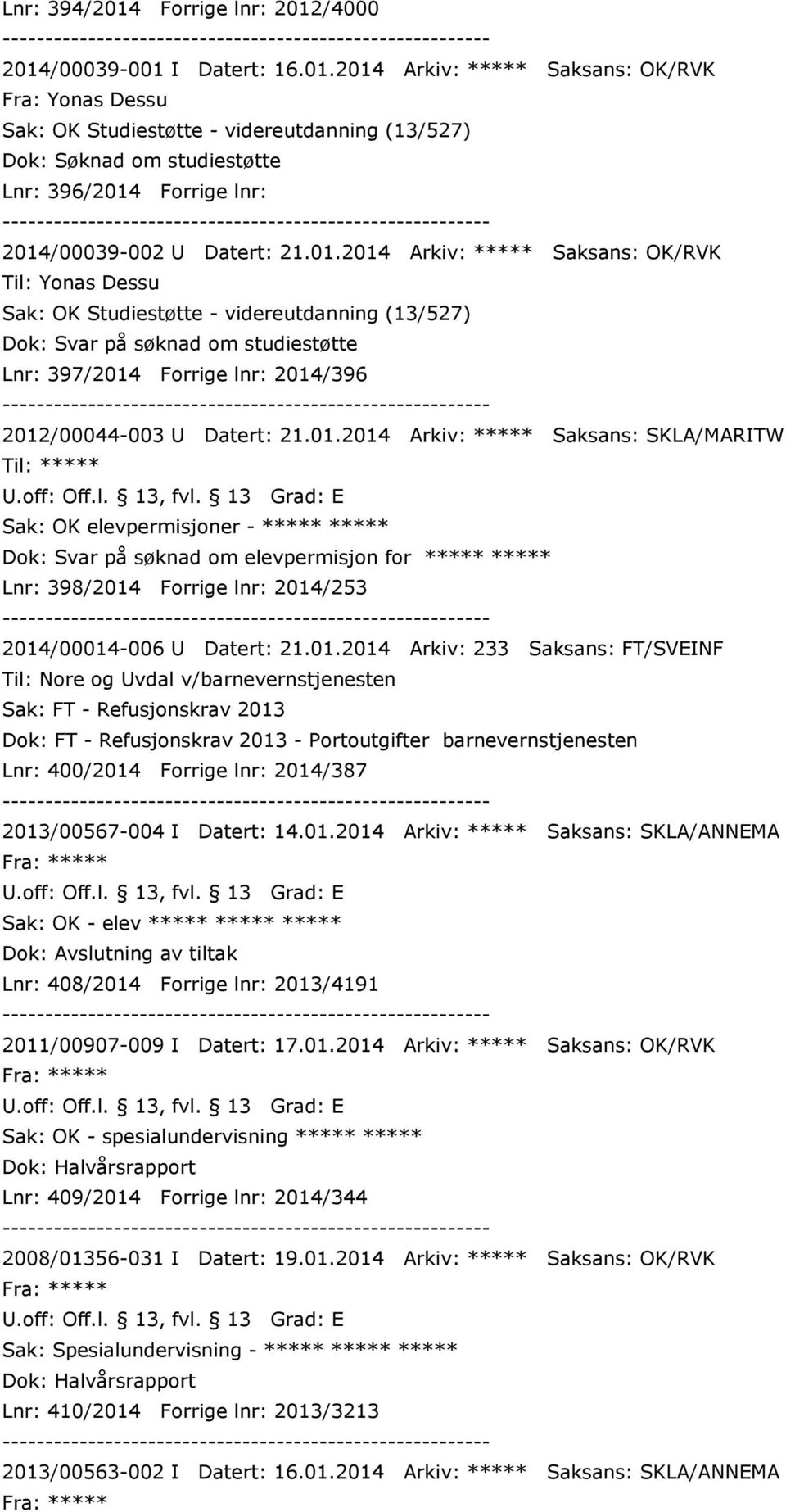 21.01.2014 Arkiv: ***** Saksans: SKLA/MARITW Sak: OK elevpermisjoner - ***** ***** Dok: Svar på søknad om elevpermisjon for ***** ***** Lnr: 398/2014 Forrige lnr: 2014/253 2014/00014-006 U Datert: 21.