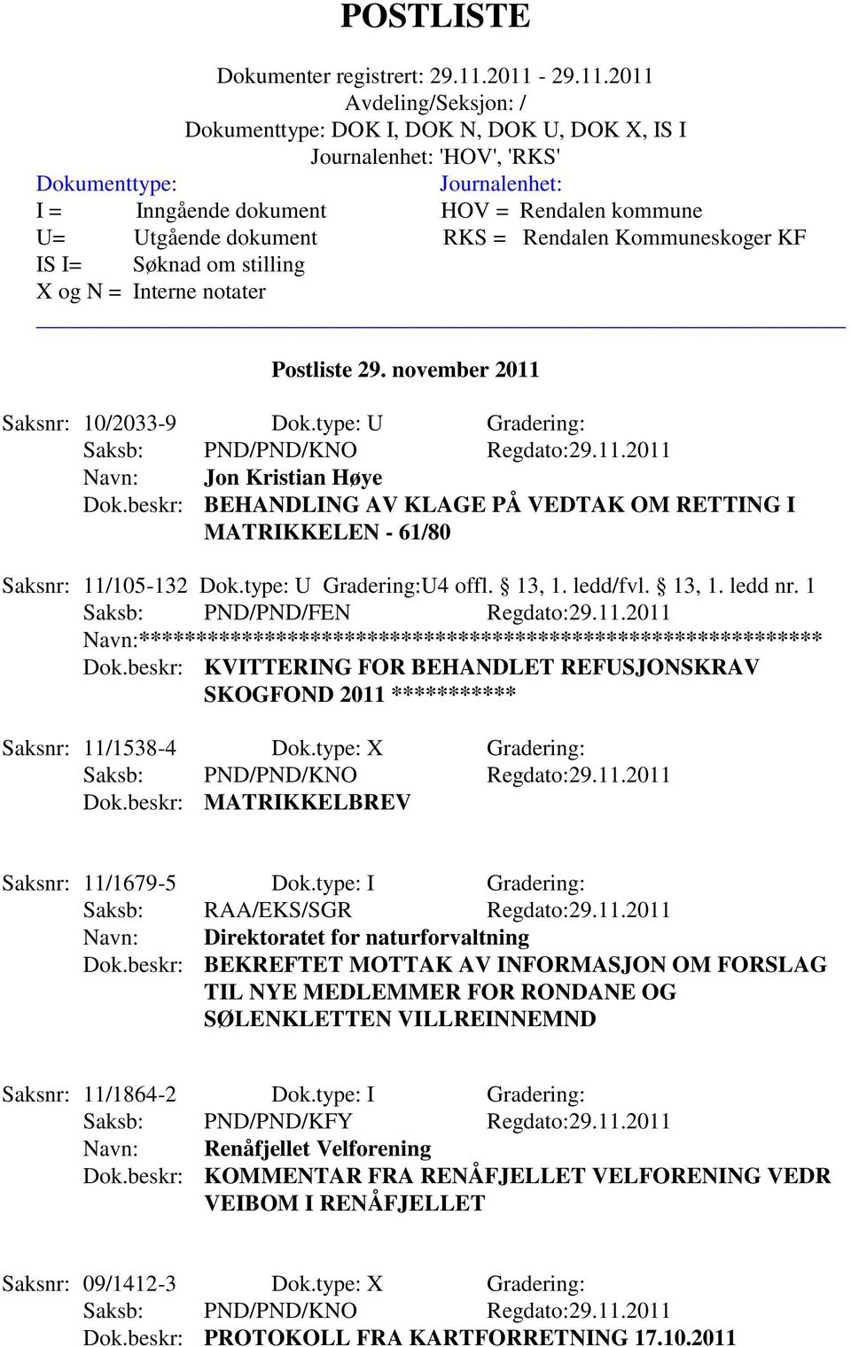 beskr: KVITTERING FOR BEHANDLET REFUSJONSKRAV SKOGFOND 2011 *********** Saksnr: 11/1538-4 Dok.type: X Gradering: Dok.beskr: MATRIKKELBREV Saksnr: 11/1679-5 Dok.