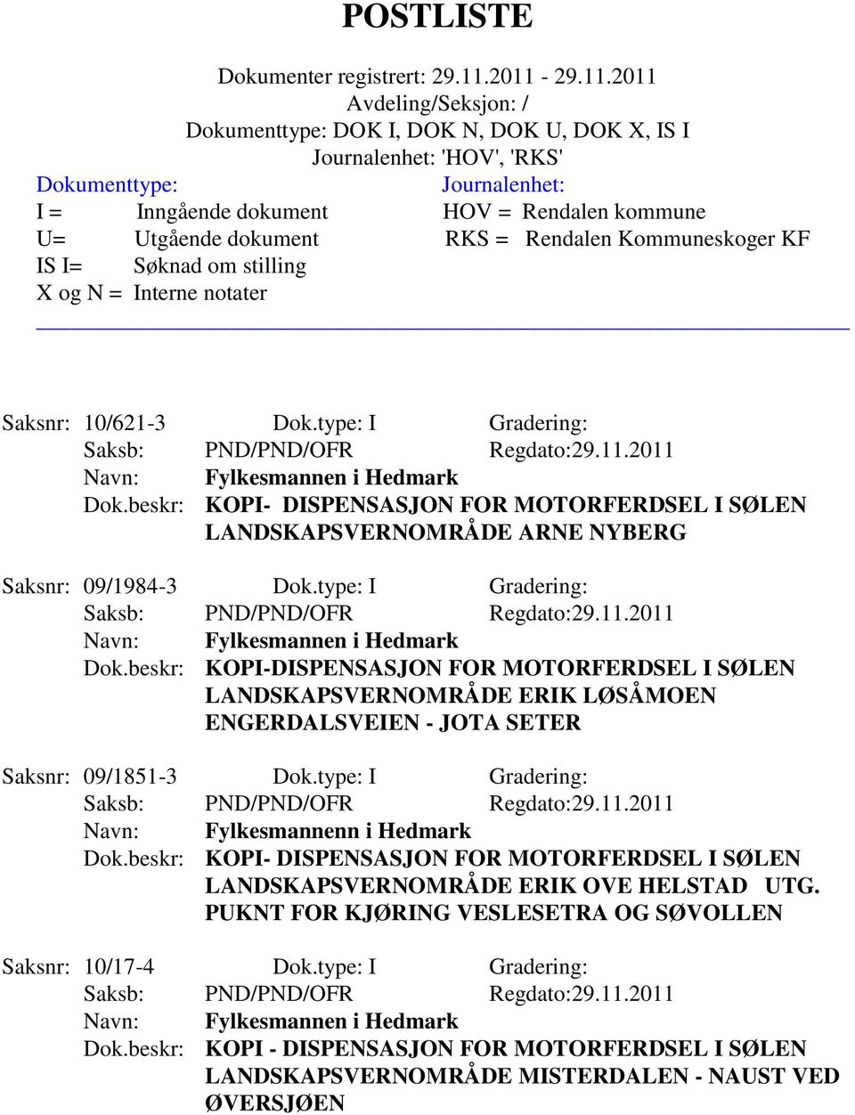 type: I Gradering: Navn: Fylkesmannenn i Hedmark Dok.beskr: KOPI- DISPENSASJON FOR MOTORFERDSEL I SØLEN LANDSKAPSVERNOMRÅDE ERIK OVE HELSTAD UTG.