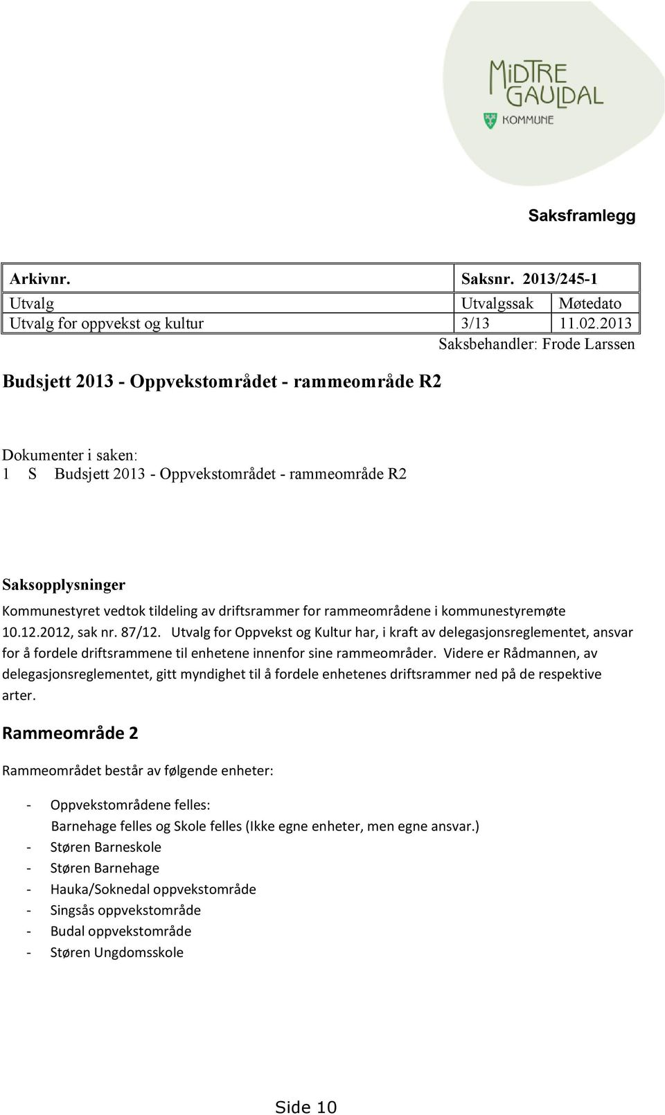 tildeling av driftsrammer for rammeområdene i kommunestyremøte 10.12.2012, sak nr. 87/12.