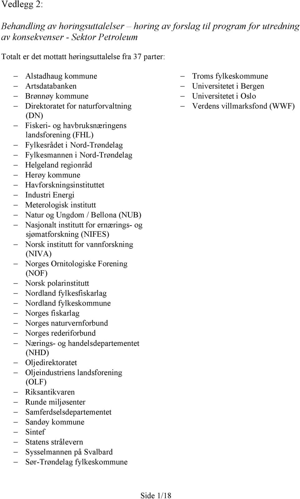 Herøy kommune Havforskningsinstituttet Industri Energi Meterologisk institutt Natur og Ungdom / Bellona (NUB) Nasjonalt institutt for ernærings- og sjømatforskning (NIFES) Norsk institutt for