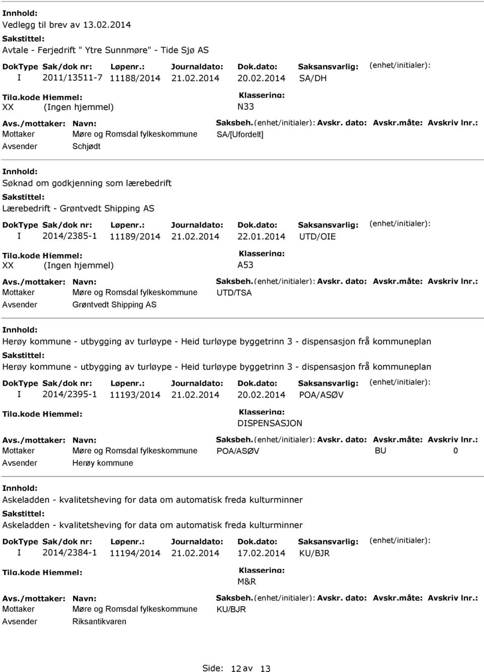 01.2014 UTD/OE (ngen hjemmel) A53 Avs./mottaker: Navn: Saksbeh. Avskr. dato: Avskr.måte: Avskriv lnr.