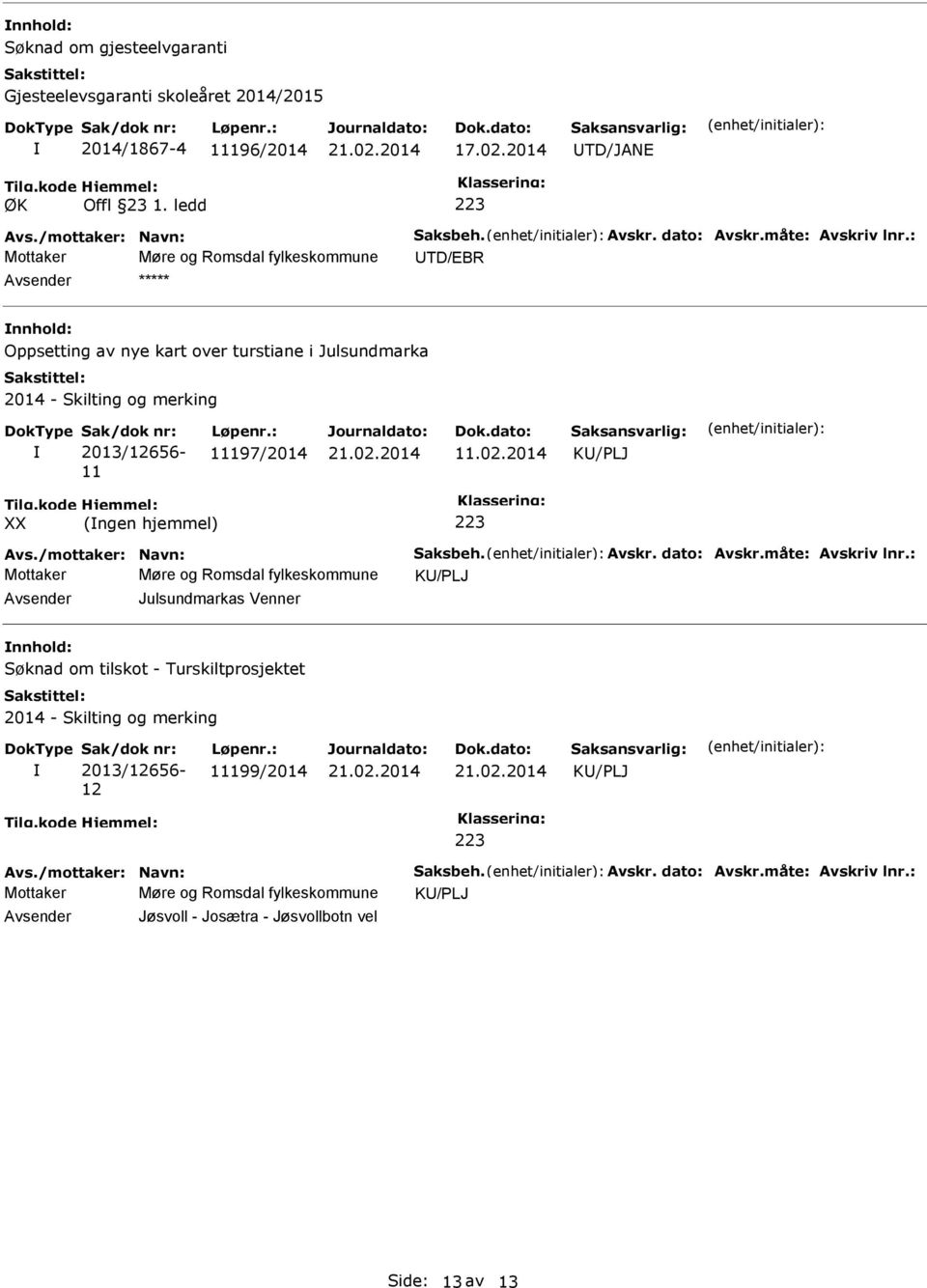 2014 KU/PLJ (ngen hjemmel) Avs./mottaker: Navn: Saksbeh. Avskr. dato: Avskr.måte: Avskriv lnr.