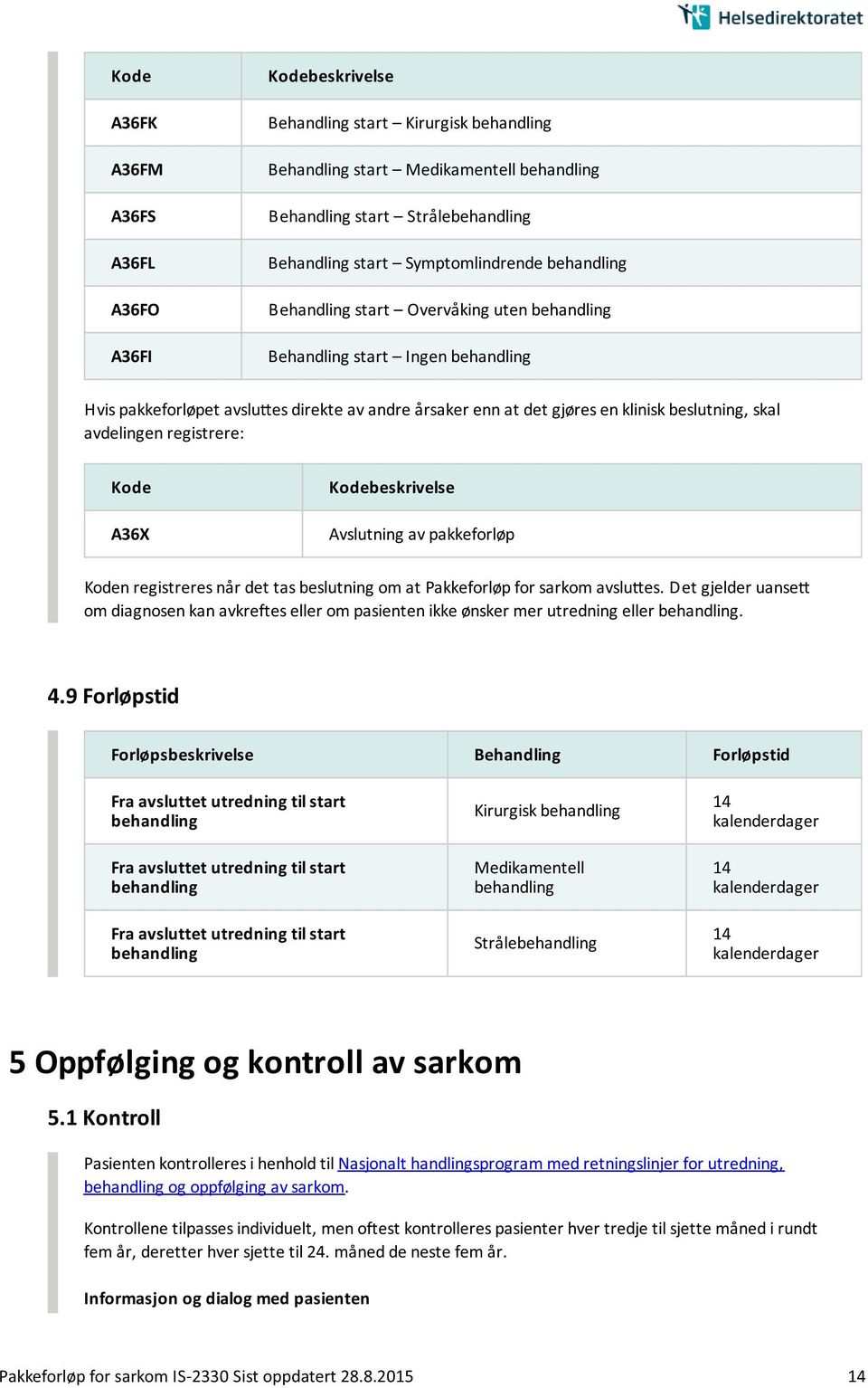 registrere: A36X Avslutning av pakkeforløp n registreres na r det tas beslutning om at Pakkeforløp for sarkom avslu es.