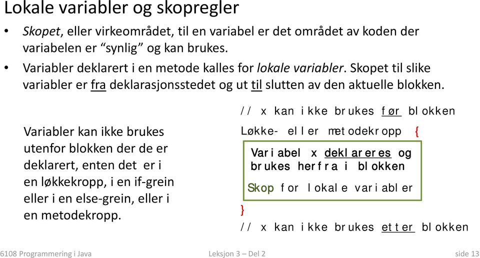 // x kan ikke brukes før blokken Variabler kan ikke brukes utenfor blokken der de er deklarert, enten det er i en løkkekropp, i en if grein eller i en else grein,