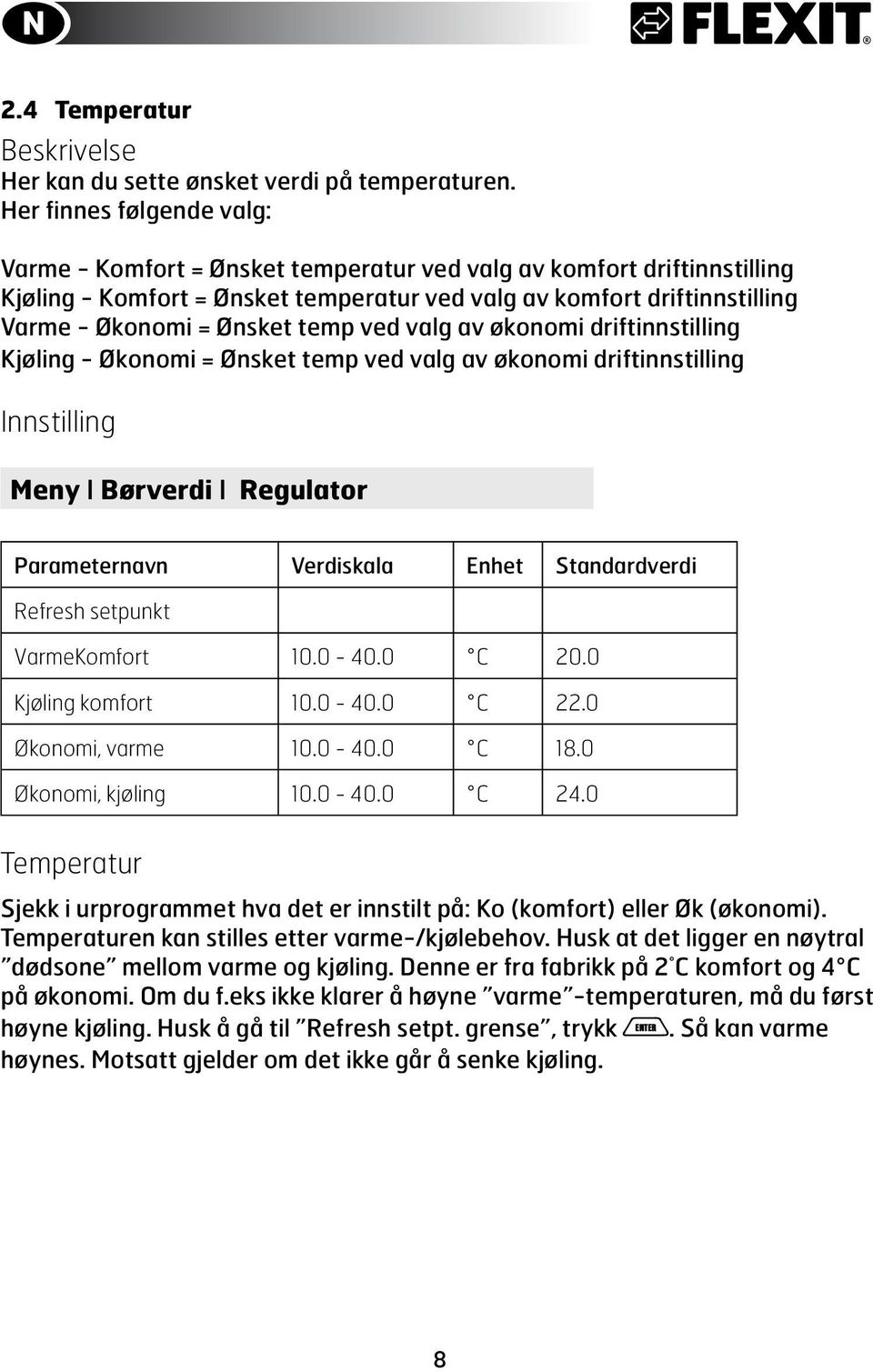 temp ved valg av økonomi driftinnstilling Kjøling - Økonomi = Ønsket temp ved valg av økonomi driftinnstilling Innstilling Meny I Børverdi I Regulator Parameternavn Verdiskala Enhet Standardverdi