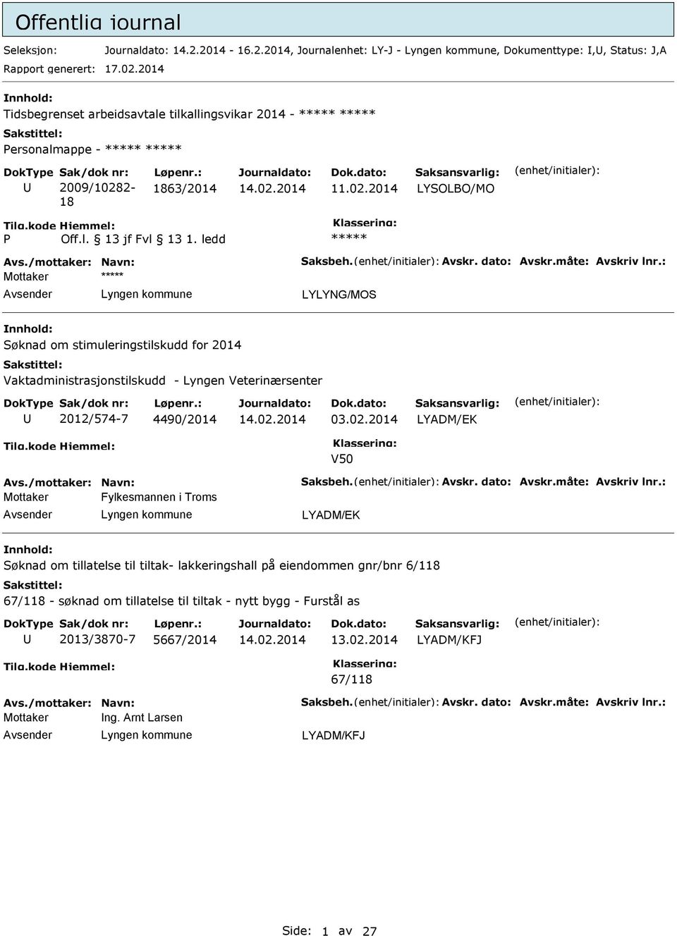 : LYLYNG/MOS Søknad om stimuleringstilskudd for 2014 Vaktadministrasjonstilskudd - Lyngen Veterinærsenter 2012/574-7 4490/2014 03.02.2014 LYADM/K V50 Avs./mottaker: Navn: Saksbeh. Avskr. dato: Avskr.