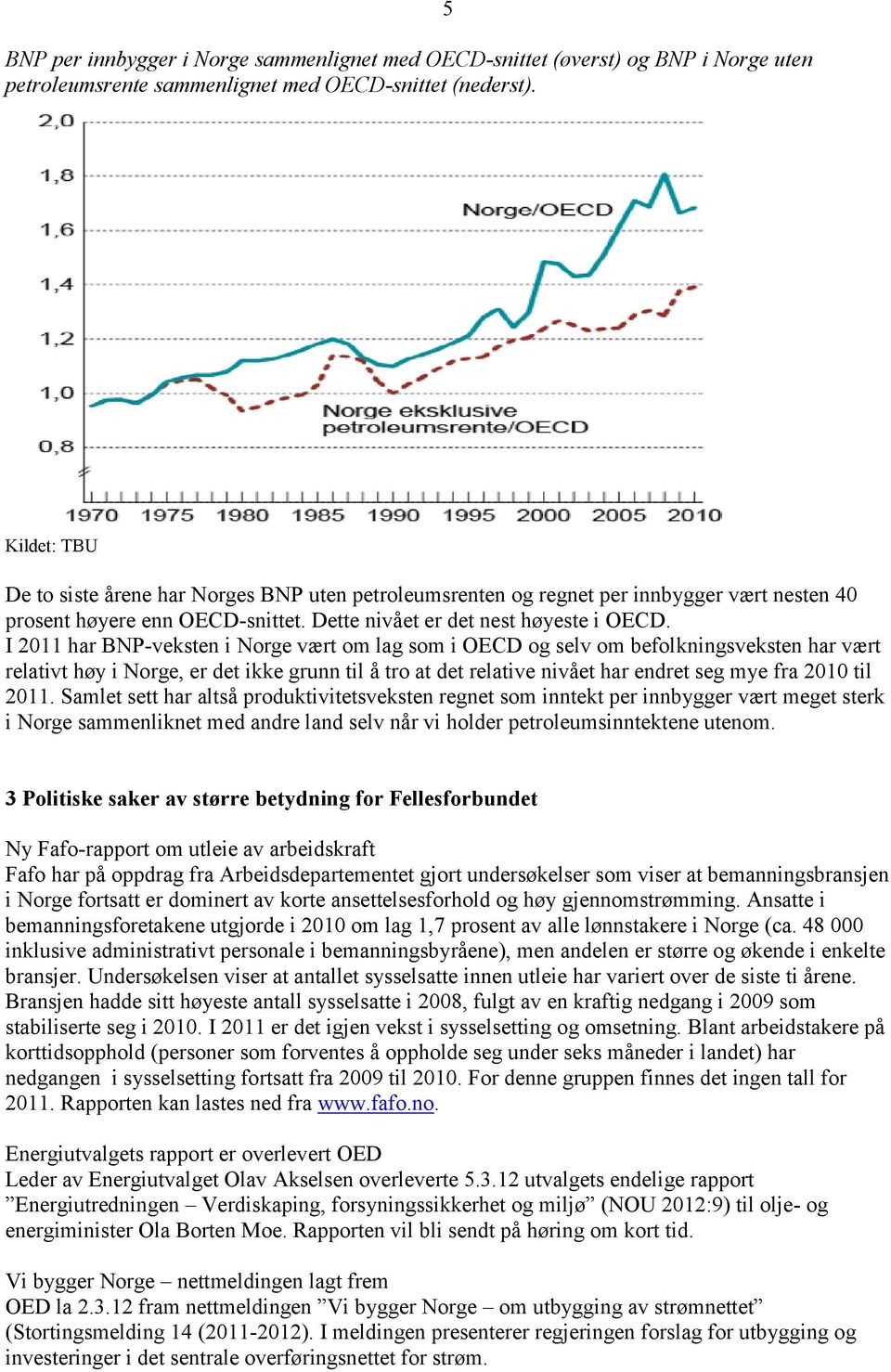 I 2011 har BNP-veksten i Norge vært om lag som i OECD og selv om befolkningsveksten har vært relativt høy i Norge, er det ikke grunn til å tro at det relative nivået har endret seg mye fra 2010 til