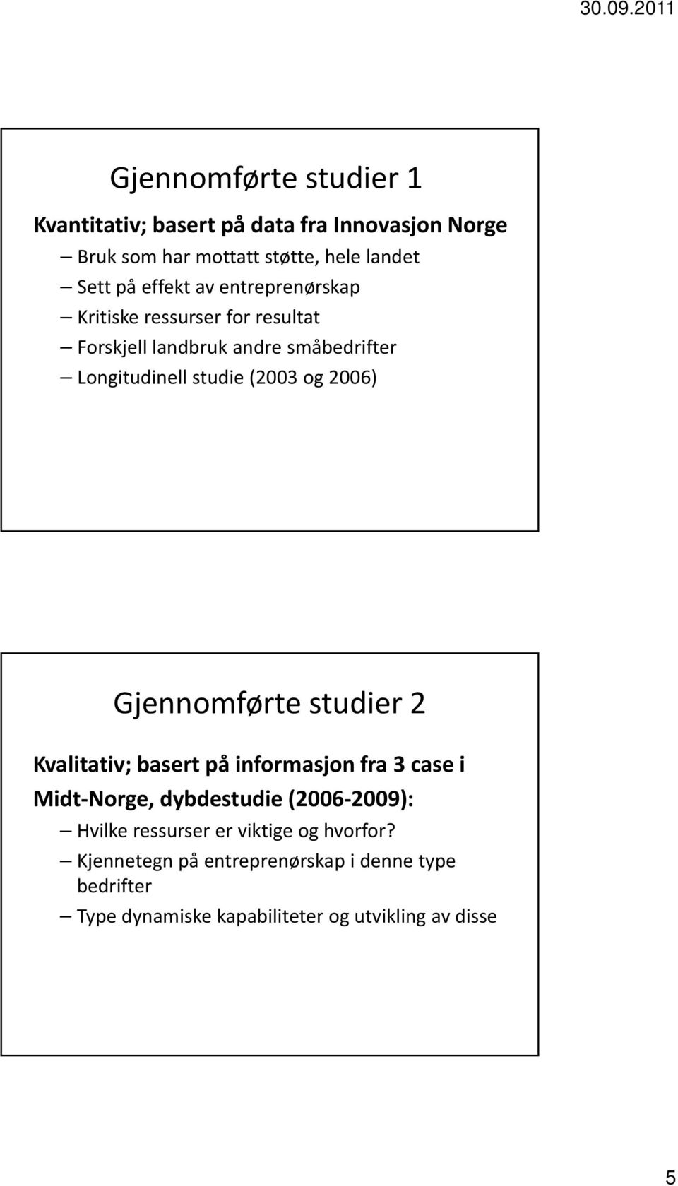 2006) Gjennomførte studier 2 Kvalitativ; basert på informasjon fra 3 case i Midt Norge, dybdestudie (2006 2009): Hvilke