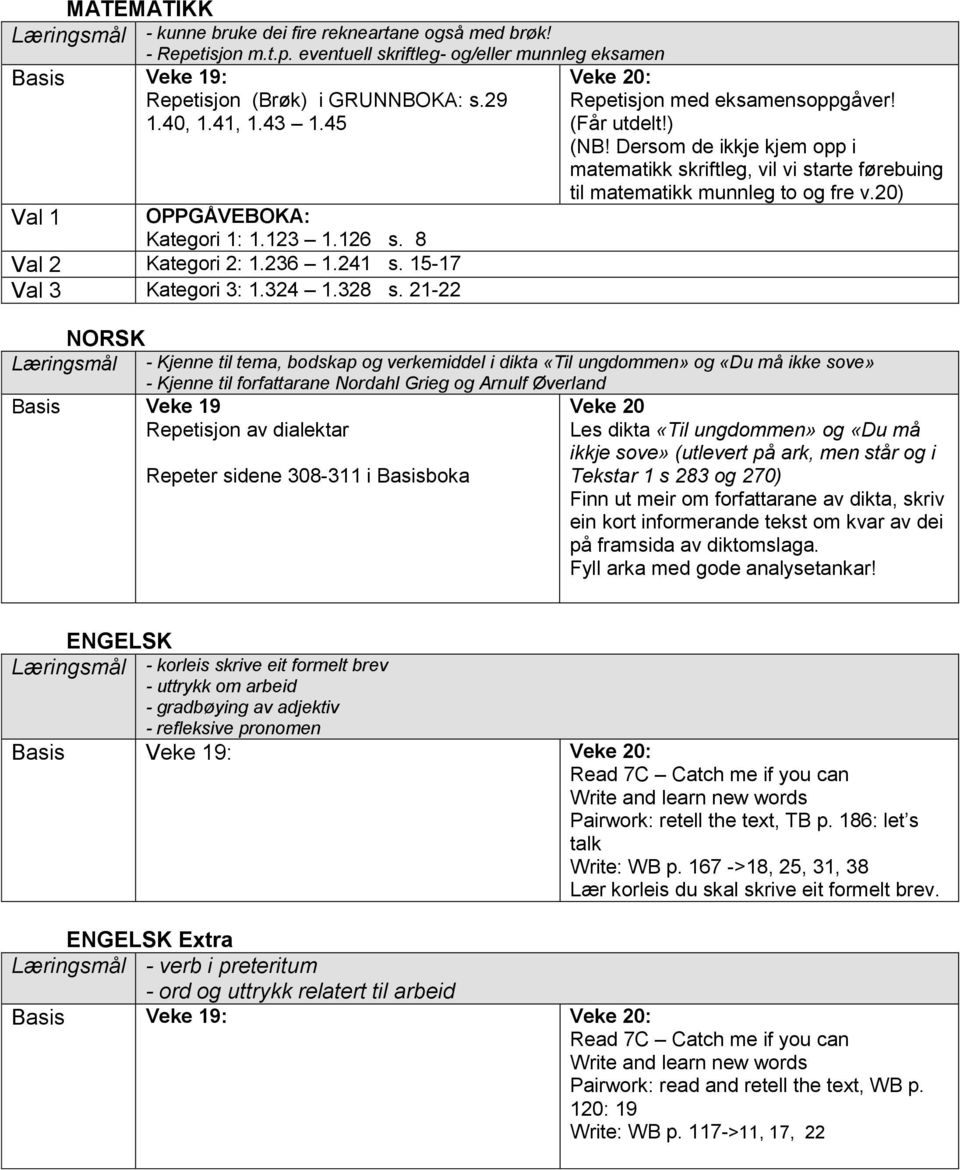 Dersom de ikkje kjem opp i matematikk skriftleg, vil vi starte førebuing til matematikk munnleg to og fre v.