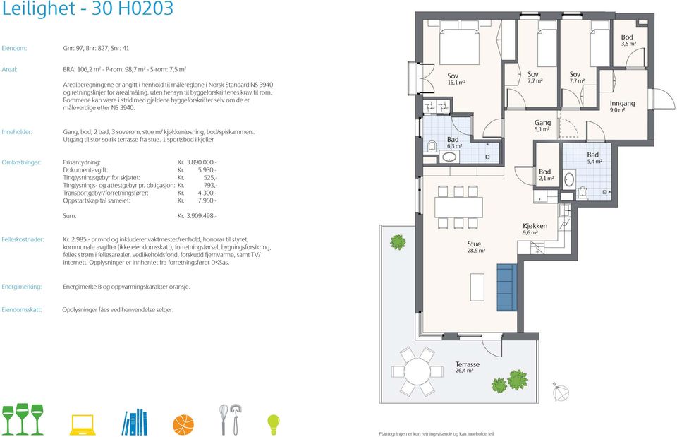 Inneholder: Gang, bod, 2 bad, 3 soverom, stue m/ kjøkkenløsning, bod/spiskammers. Utgang til stor solrik terrasse fra stue. 1 sportsbod i kjeller. Sum: Omkostninger: Prisantydning: Kr. 3.890.