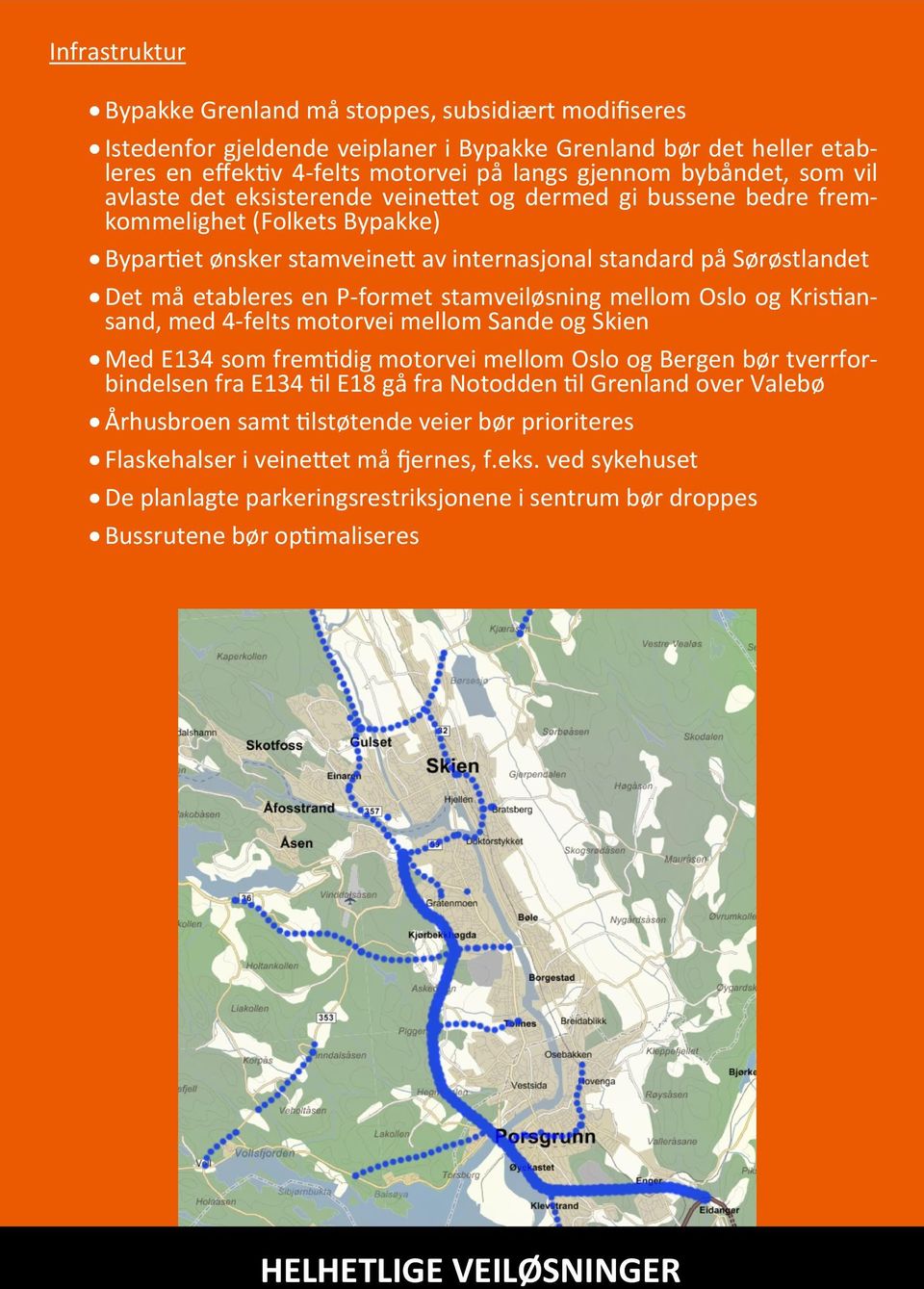 P-formet stamveiløsning mellom Oslo og Kristiansand, med 4-felts motorvei mellom Sande og Skien Med E134 som fremtidig motorvei mellom Oslo og Bergen bør tverrforbindelsen fra E134 til E18 gå fra