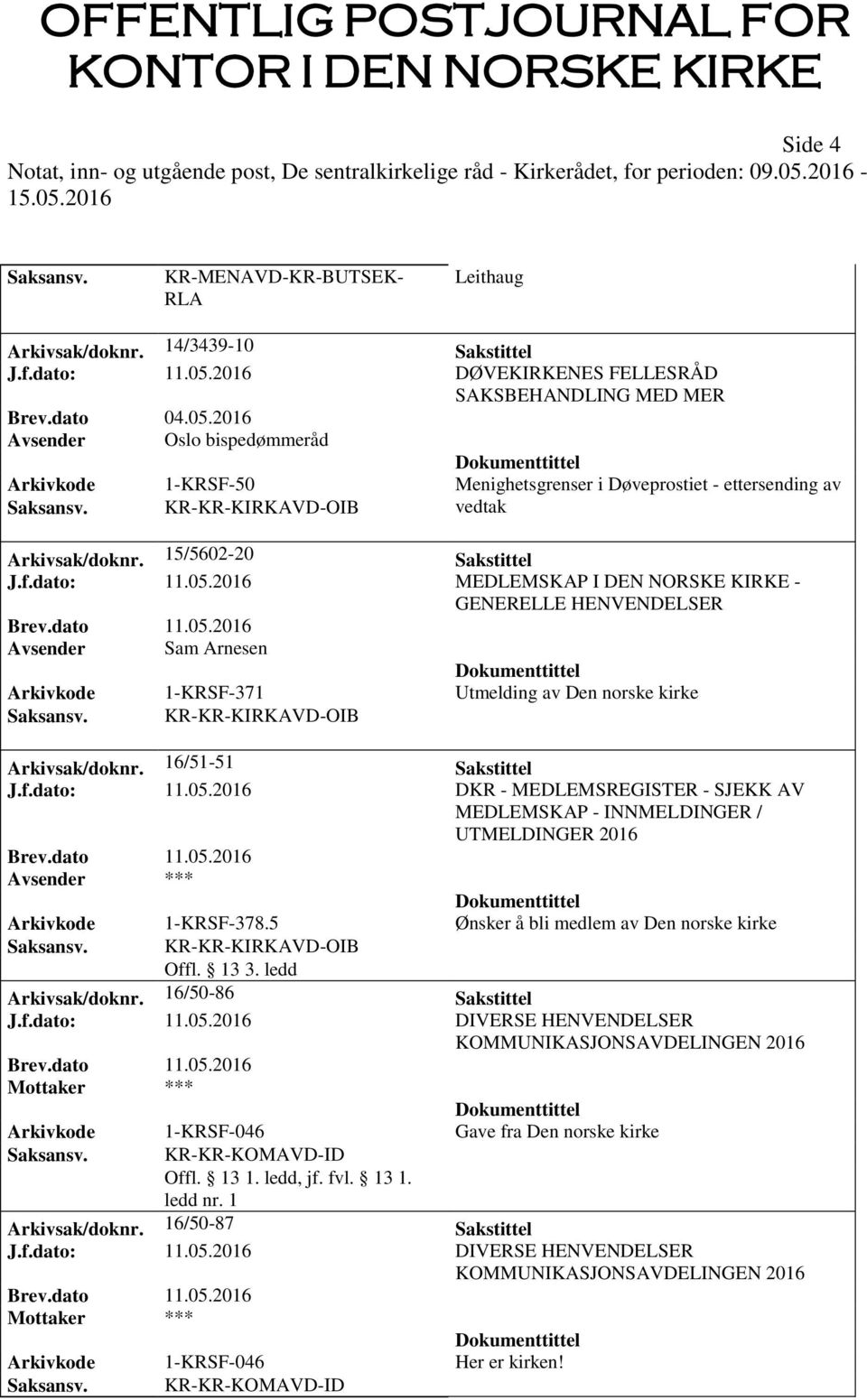 15/5602-20 Sakstittel J.f.dato: 11.05.2016 MEDLEMSKAP I DEN NORSKE KIRKE - GENERELLE HENVENDELSER Avsender Sam Arnesen Arkivkode 1-KRSF-371 Utmelding av Den norske kirke Arkivsak/doknr.