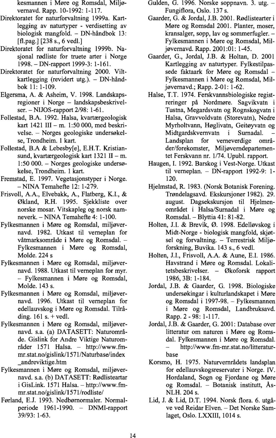 Viltkartlegging (revidert utg.). - DN-håndbok 11: 1-109. Elgersma, A & Asheim, V. 1998. Landskapsregioner i Norge - landskapsbeskrivelser. - NHOS-rapport 2/98: 1-61. Follestad, B.A 1992.