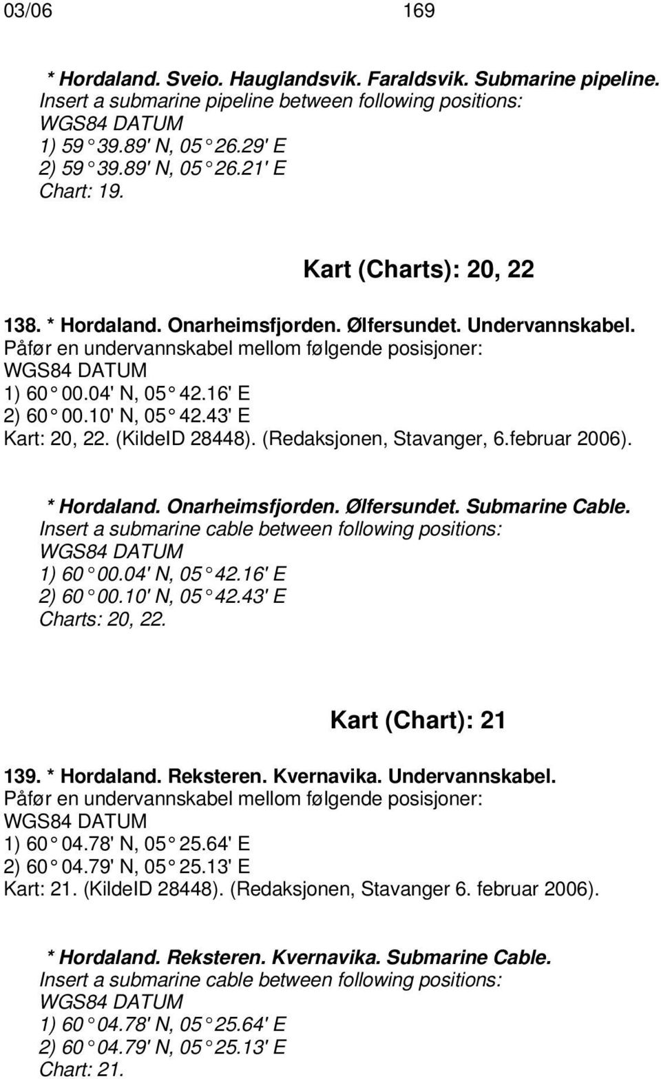 43' E Kart: 20, 22. (KildeID 28448). (Redaksjonen, Stavanger, 6.februar 2006). * Hordaland. Onarheimsfjorden. Ølfersundet. Submarine Cable.