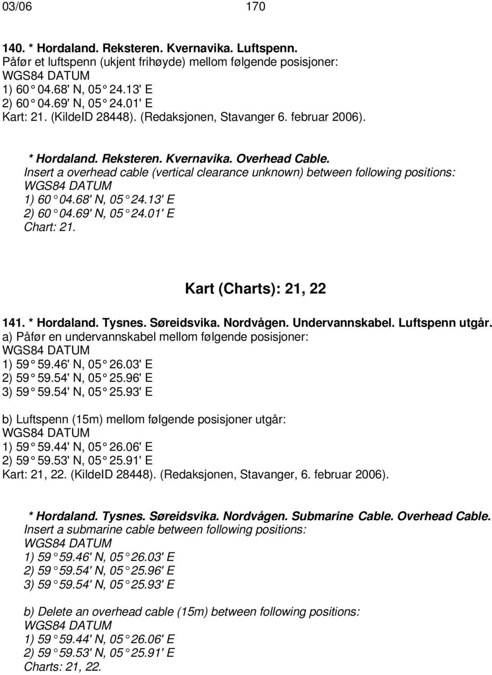 Insert a overhead cable (vertical clearance unknown) between following positions: 1) 60 04.68' N, 05 24.13' E 2) 60 04.69' N, 05 24.01' E Chart: 21. Kart (Charts): 21, 22 141. * Hordaland. Tysnes.