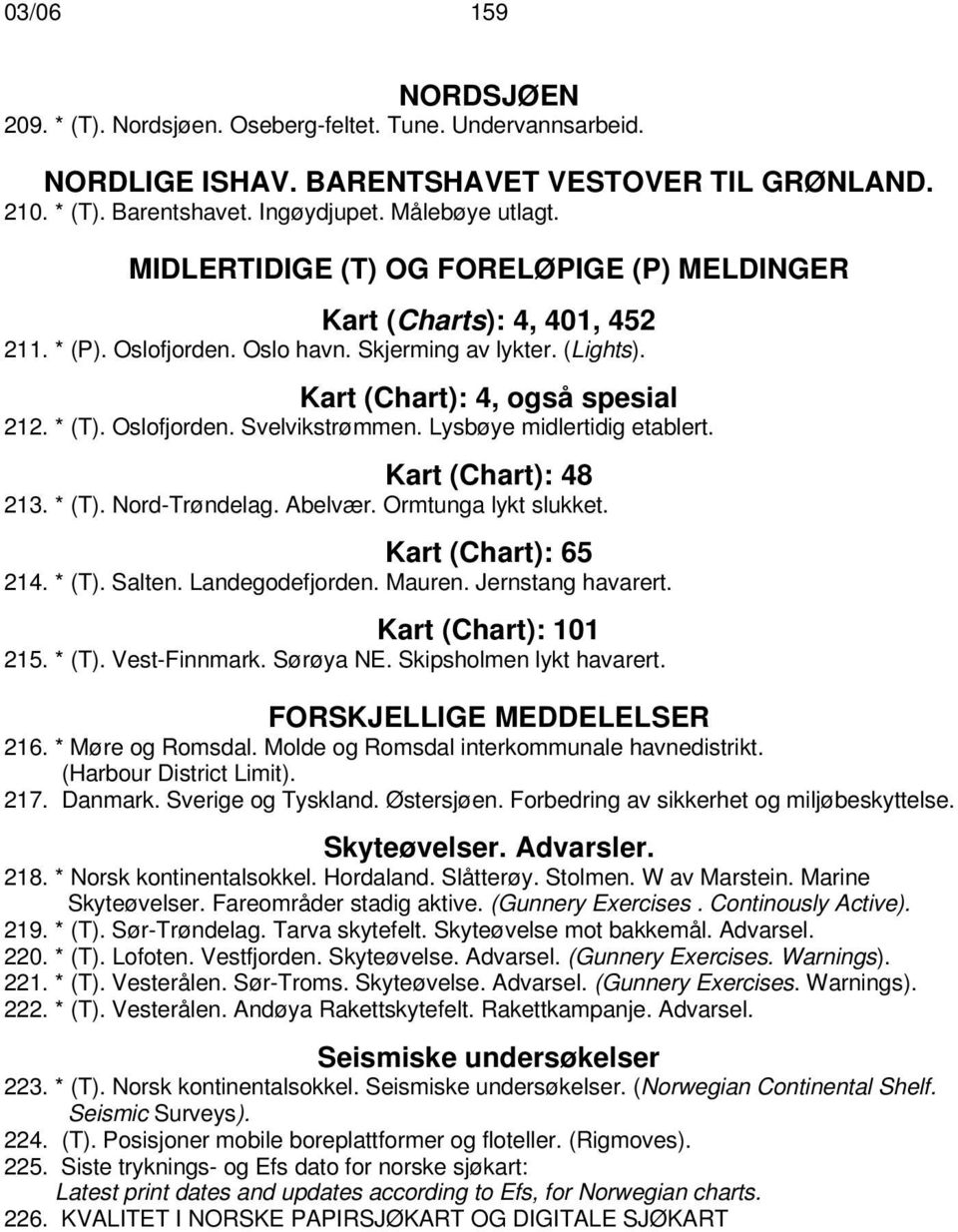 Lysbøye midlertidig etablert. Kart (Chart): 48 213. * (T). Nord-Trøndelag. Abelvær. Ormtunga lykt slukket. Kart (Chart): 65 214. * (T). Salten. Landegodefjorden. Mauren. Jernstang havarert.