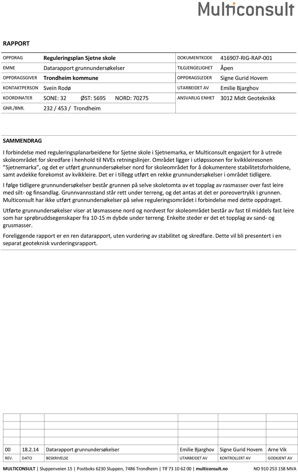 232 / 453 / Trondheim SAMMENDRAG I forbindelse med reguleringsplanarbeidene for Sjetne skole i Sjetnemarka, er Multiconsult engasjert for å utrede skoleområdet for skredfare i henhold til NVEs