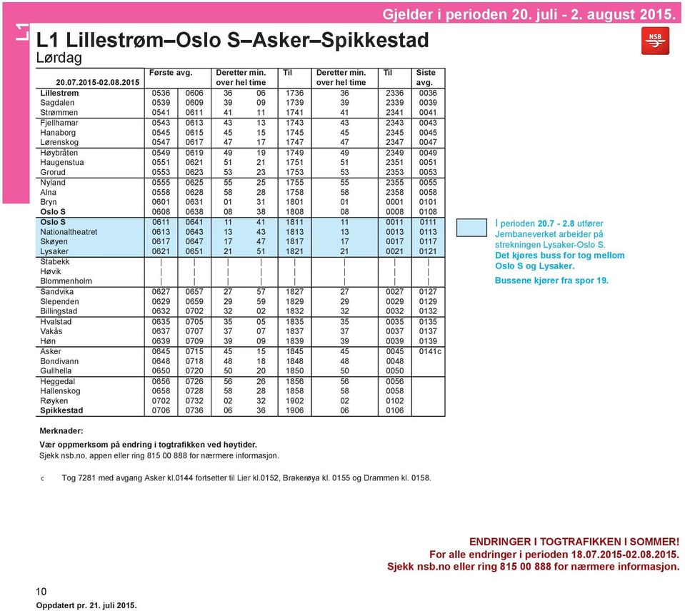 Nationaltheatret 0613 0643 13 43 Skøyen 0617 0647 17 47 Lysaker 0621 0651 21 51 Stabekk Høvik Blommenholm Sandvika 0627 0657 27 57 Slependen 0629 0659 29 59 Billingstad 0632 0702 32 02 Hvalstad 0635