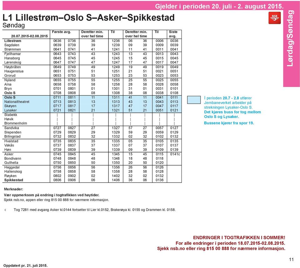 17 Lysaker 0721 0821 21 Stabekk Høvik Blommenholm Sandvika 0727 0827 27 Slependen 0729 0829 29 Billingstad 0732 0832 32 Hvalstad 0735 0835 35 Vakås 0737 0837 37 Høn 0739 0839 39 Asker 0745 0845 45