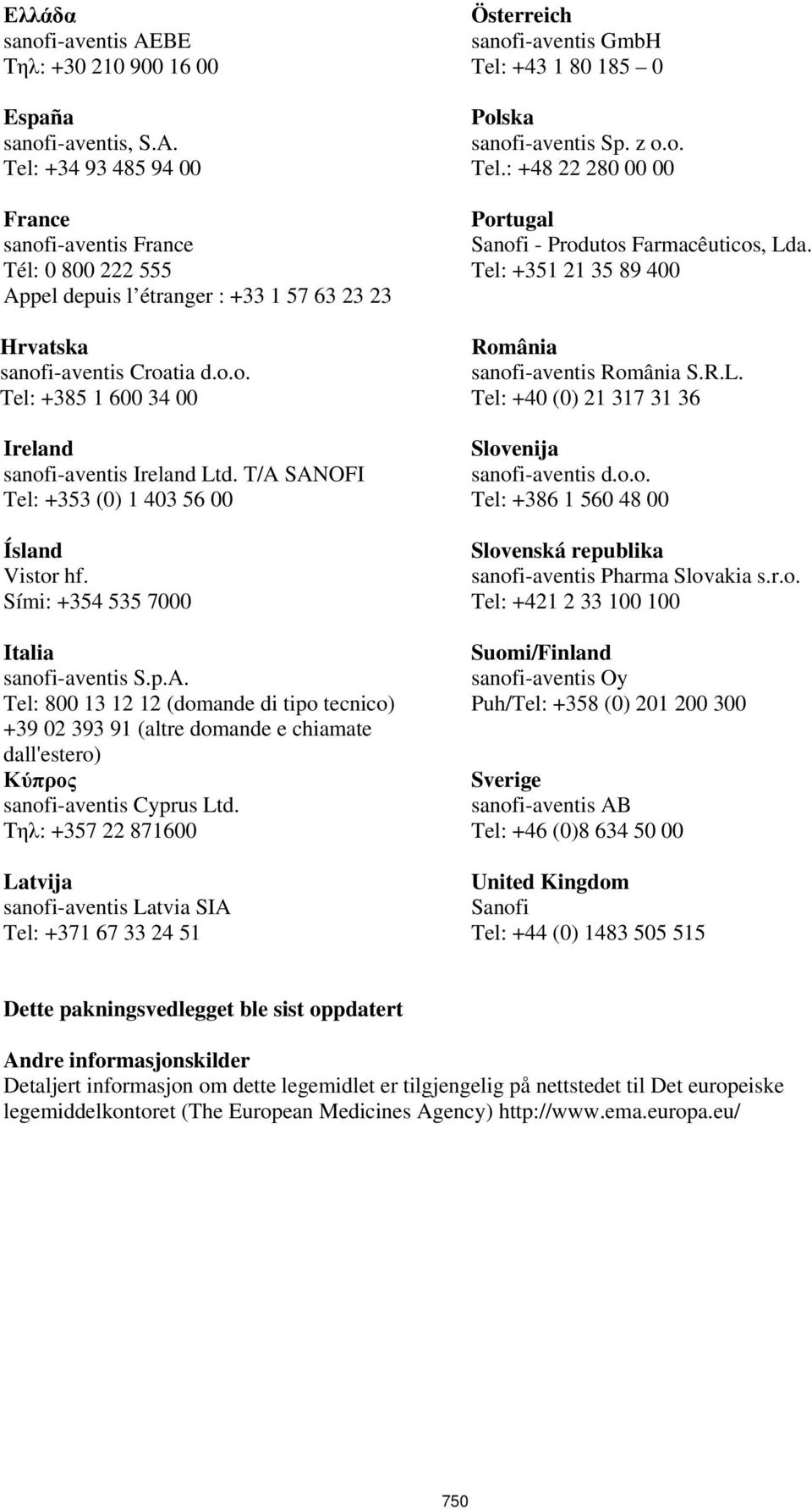 Τηλ: +357 22 871600 Latvija sanofi-aventis Latvia SIA Tel: +371 67 33 24 51 Österreich sanofi-aventis GmbH Tel: +43 1 80 185 0 Polska sanofi-aventis Sp. z o.o. Tel.: +48 22 280 00 00 Portugal Sanofi - Produtos Farmacêuticos, Lda.