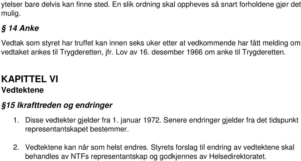 desember 1966 om anke til Trygderetten. KAPITTEL VI Vedtektene 15 Ikrafttreden og endringer 1. Disse vedtekter gjelder fra 1. januar 1972.