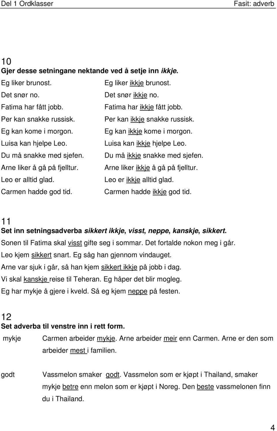 Eg kan ikkje kome i morgon. Luisa kan ikkje hjelpe Leo. Du må ikkje snakke med sjefen. Arne liker ikkje å gå på fjelltur. Leo er ikkje alltid glad. Carmen hadde ikkje god tid.