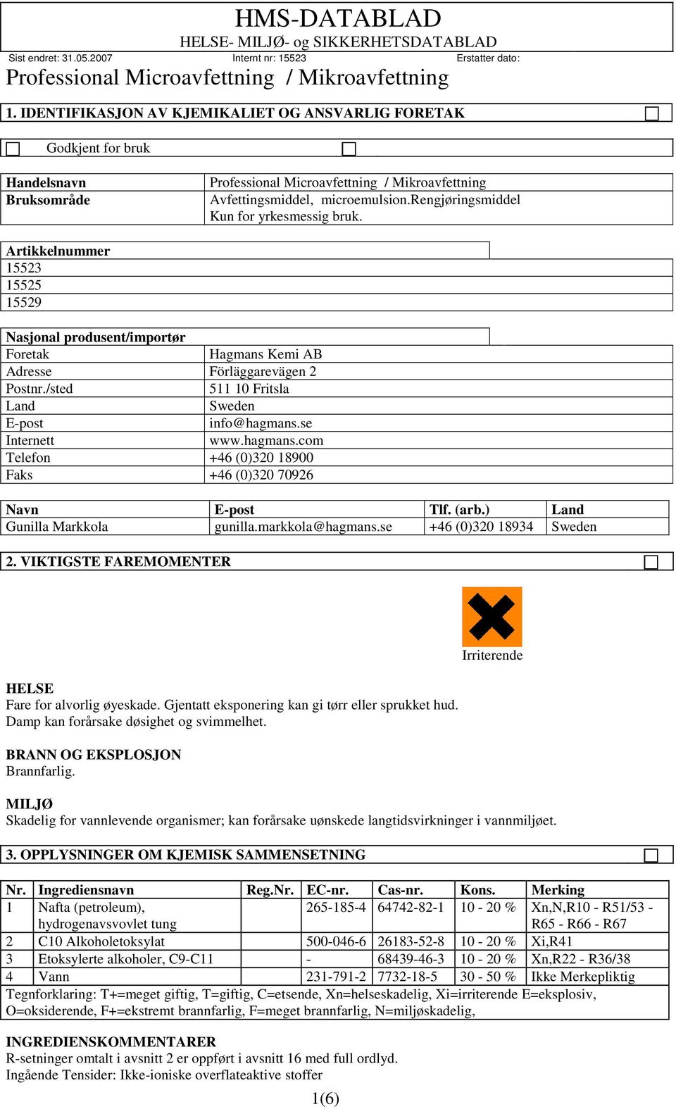 se Internett www.hagmans.com Telefon +46 (0)320 18900 Faks +46 (0)320 70926 Navn E-post Tlf. (arb.) Land Gunilla Markkola gunilla.markkola@hagmans.se +46 (0)320 18934 Sweden 2.