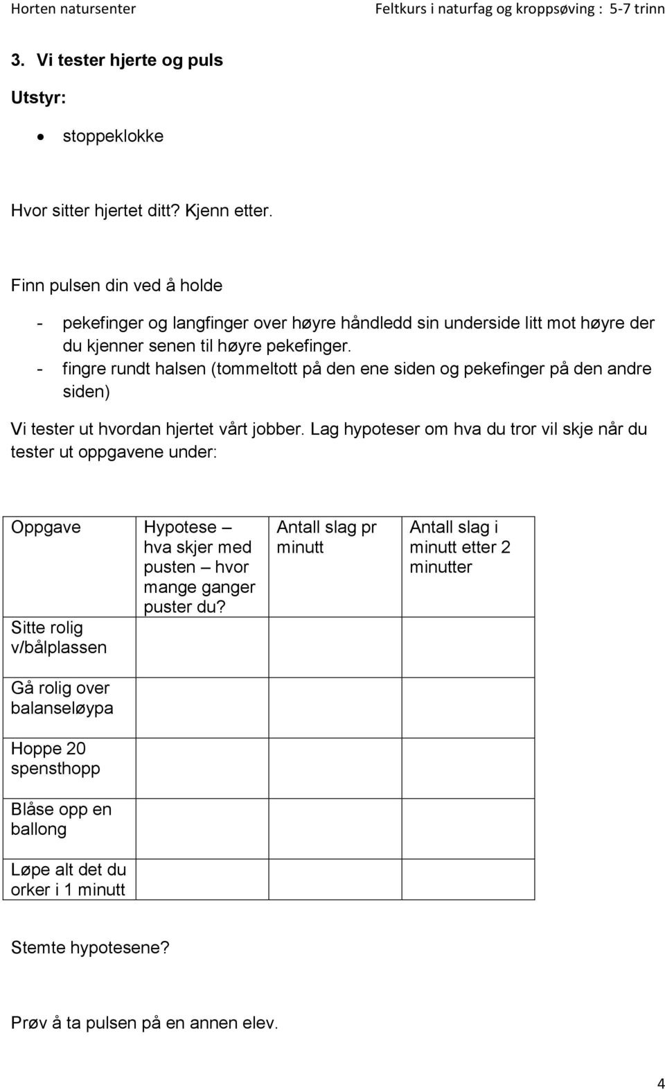 - fingre rundt halsen (tommeltott på den ene siden og pekefinger på den andre siden) Vi tester ut hvordan hjertet vårt jobber.