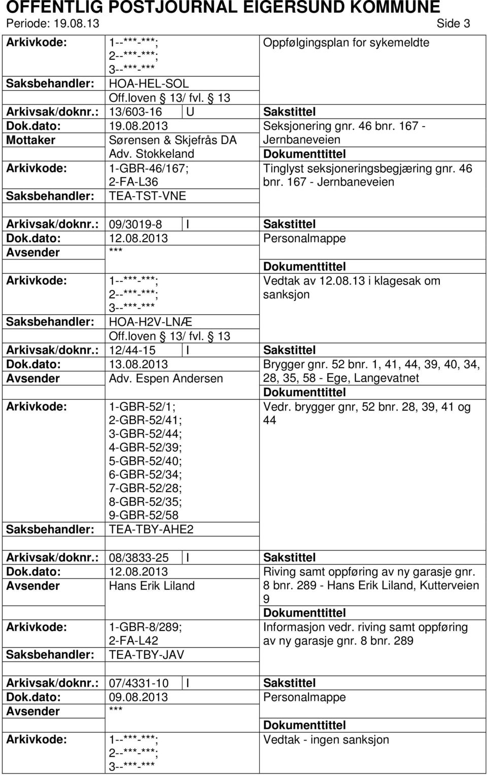 2013 1--***-***; Vedtak av 12.08.13 i klagesak om sanksjon HOA-H2V-LNÆ Arkivsak/doknr.: 12/44-15 I Sakstittel Dok.dato: 13.08.2013 Brygger gnr. 52 bnr. 1, 41, 44, 39, 40, 34, Avsender Adv.