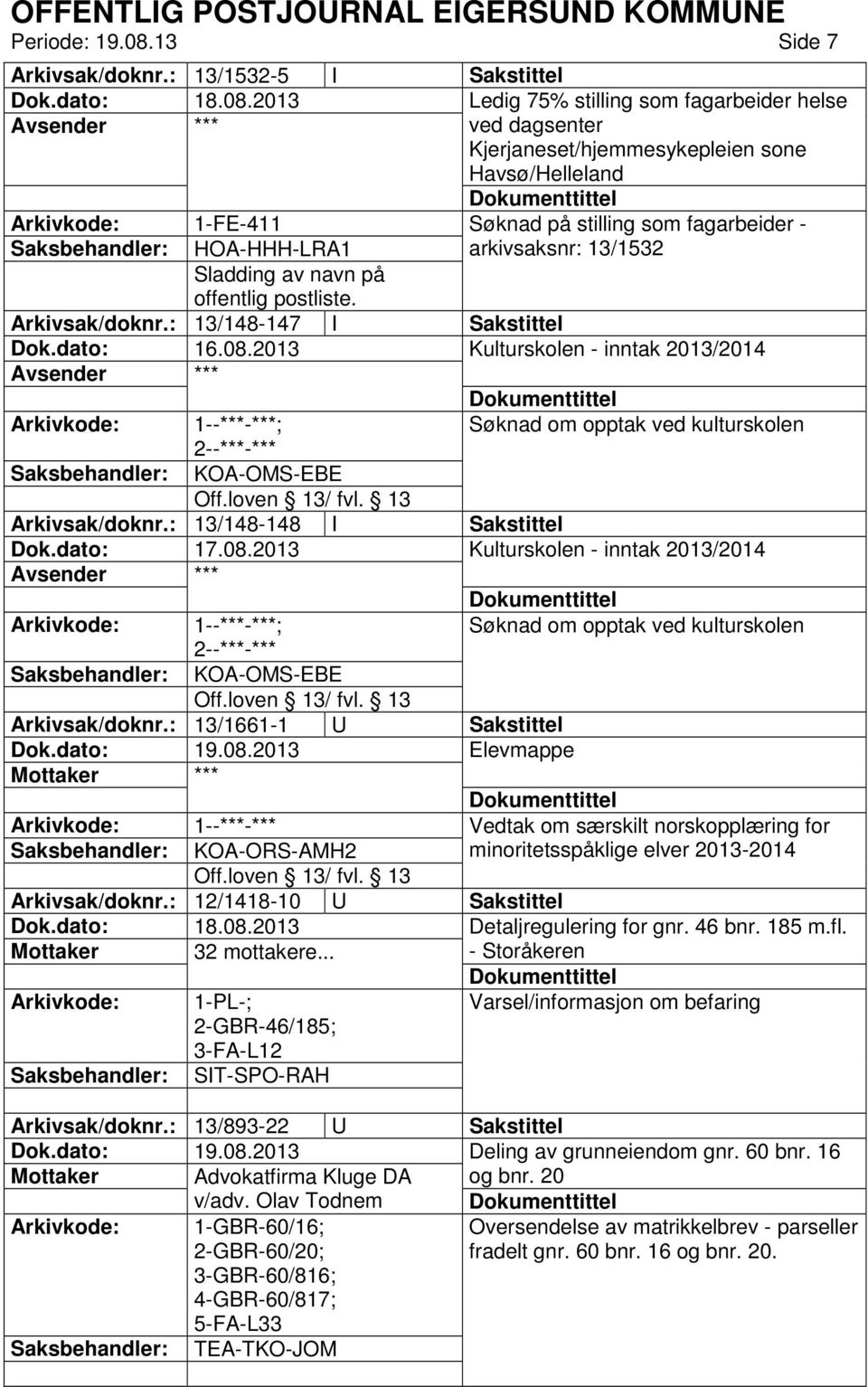 2013 Ledig 75% stilling som fagarbeider helse ved dagsenter Kjerjaneset/hjemmesykepleien sone Havsø/Helleland Søknad på stilling som fagarbeider - HOA-HHH-LRA1 arkivsaksnr: 13/1532 Arkivsak/doknr.