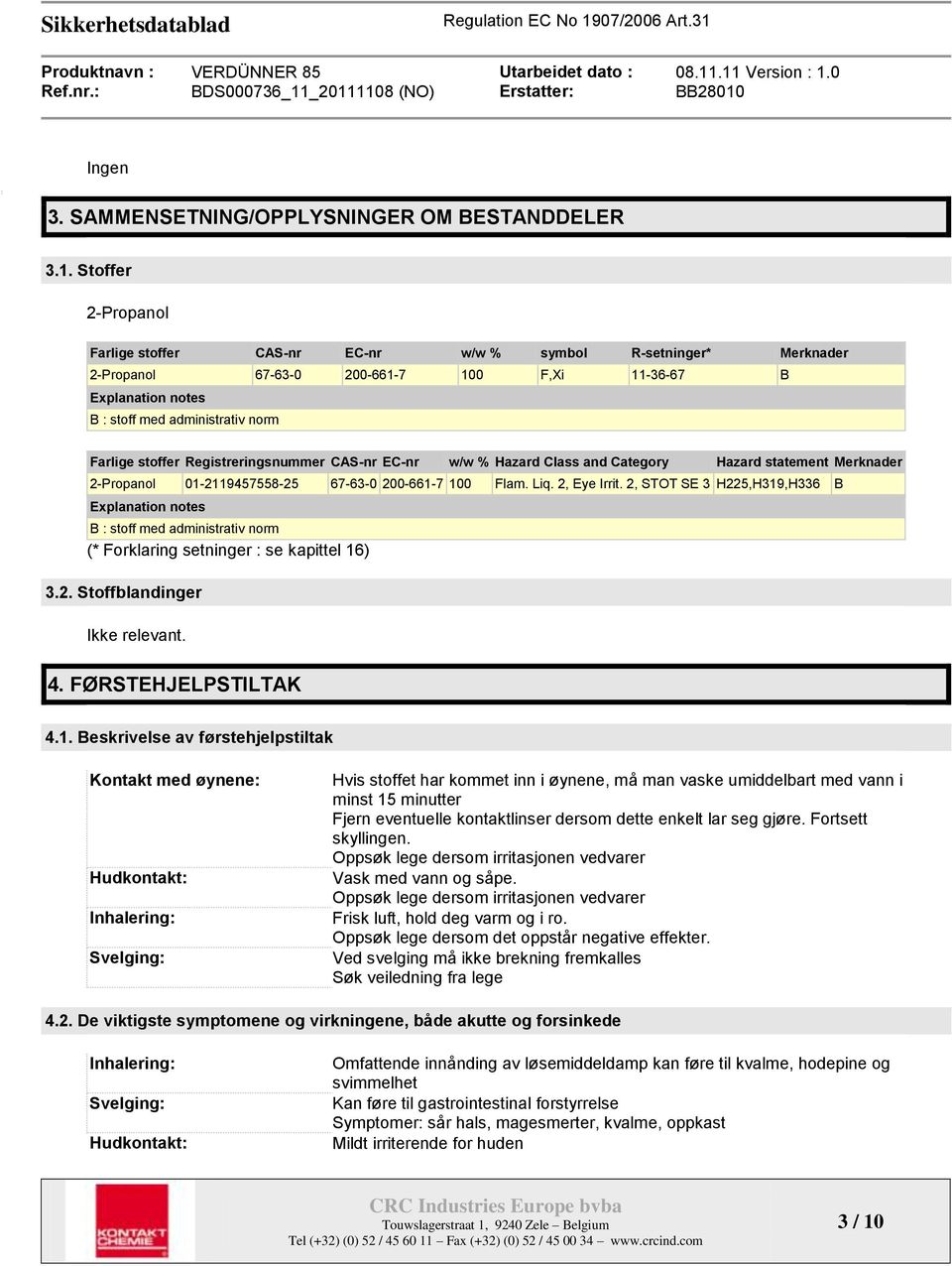 Registreringsnummer CAS-nr EC-nr w/w % Hazard Class and Category Hazard statement Merknader 2-Propanol 01-2119457558-25 67-63-0 200-661-7 100 Flam. Liq. 2, Eye Irrit.