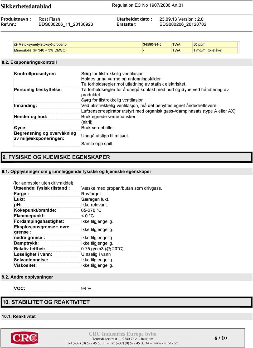 Ta forholdsregler for å unngå kontakt med hud og øyne ved håndtering av produktet. Sørg for tilstrekkelig ventilasjon Ved utilstrekkelig ventilasjon, må det benyttes egnet åndedrettsvern.