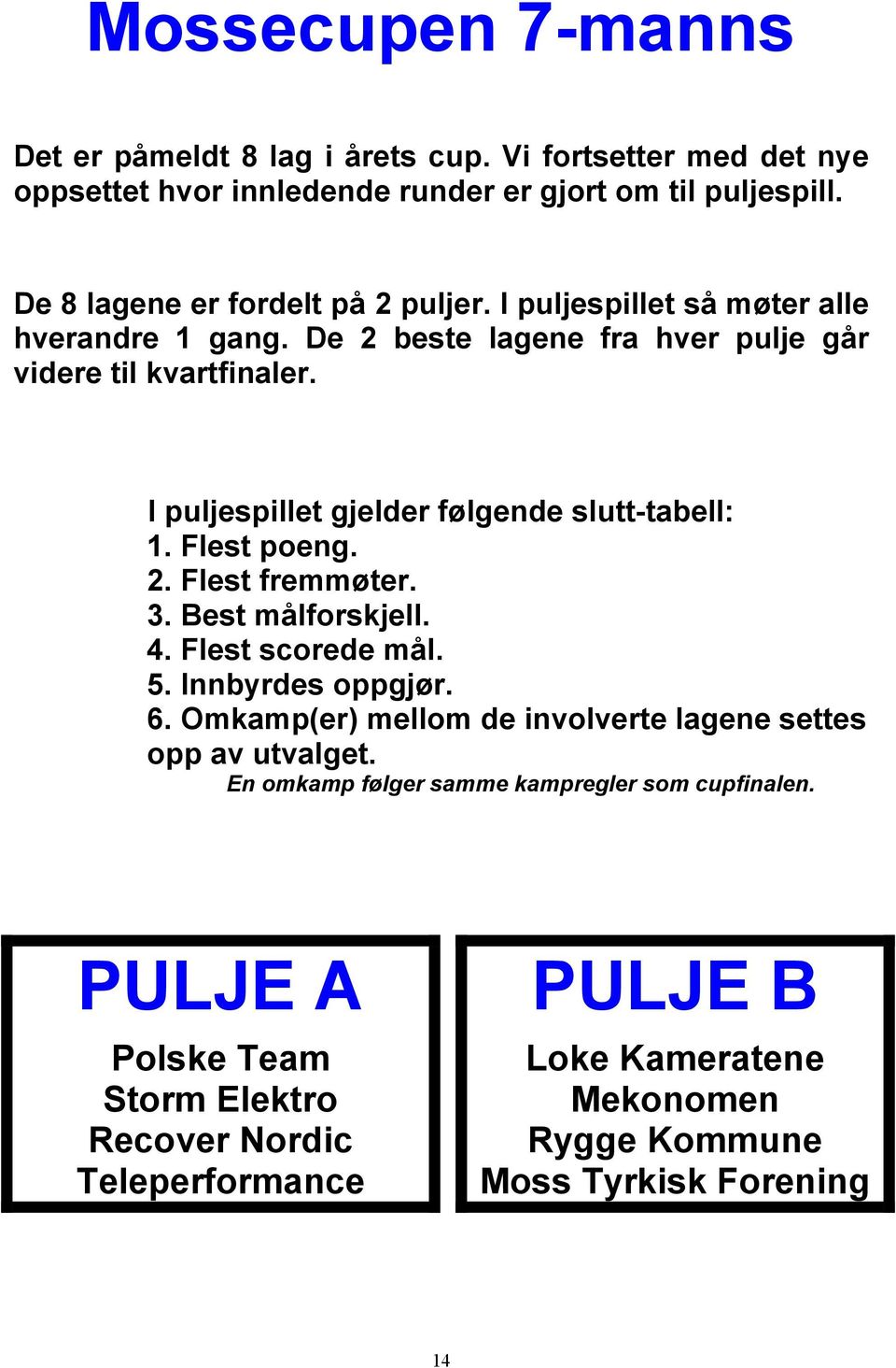 I puljespillet gjelder følgende slutt-tabell: 1. Flest poeng. 2. Flest fremmøter. 3. Best målforskjell. 4. Flest scorede mål. 5. Innbyrdes oppgjør. 6.