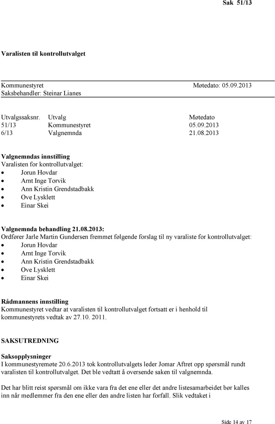 2013: Ordfører Jarle Martin Gundersen fremmet følgende forslag til ny varaliste for kontrollutvalget: Jorun Hovdar Arnt Inge Torvik Ann Kristin Grendstadbakk Ove Lysklett Einar Skei Rådmannens