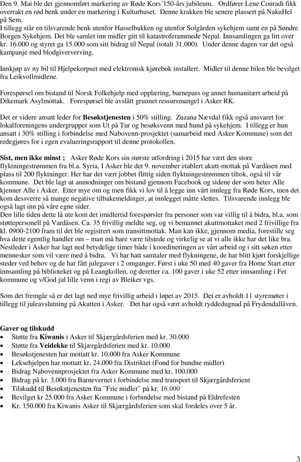 Det ble samlet inn midler gitt til katastroferammede Nepal. Innsamlingen ga litt over kr. 16.000 og styret ga 15.000 som sitt bidrag til Nepal (totalt 31.000).