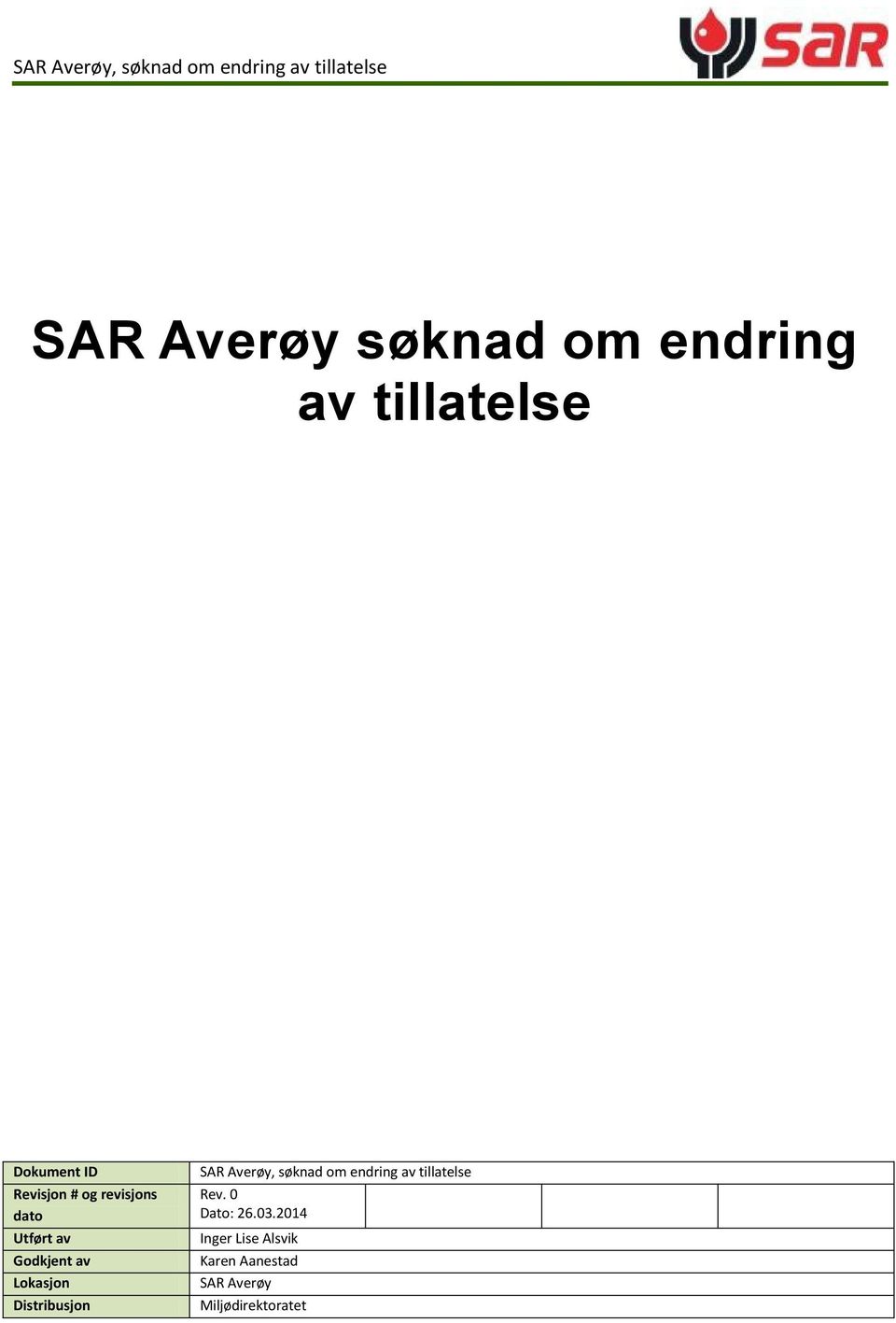 SAR Averøy, søknad om endring av tillatelse Rev. 0 Dato: 26.03.