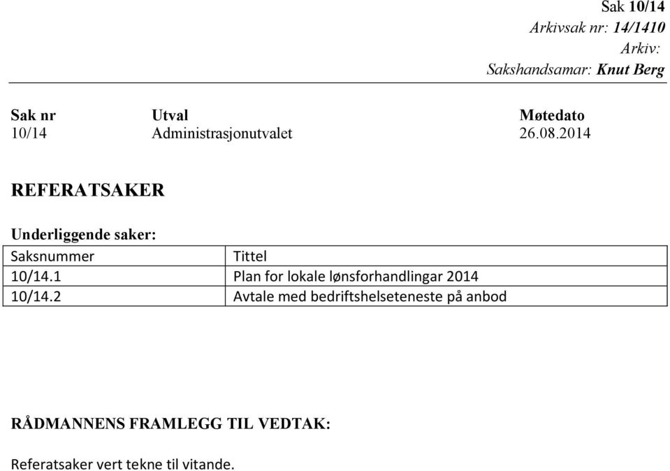 2014 REFERATSAKER Underliggende saker: Saksnummer Tittel 10/14.