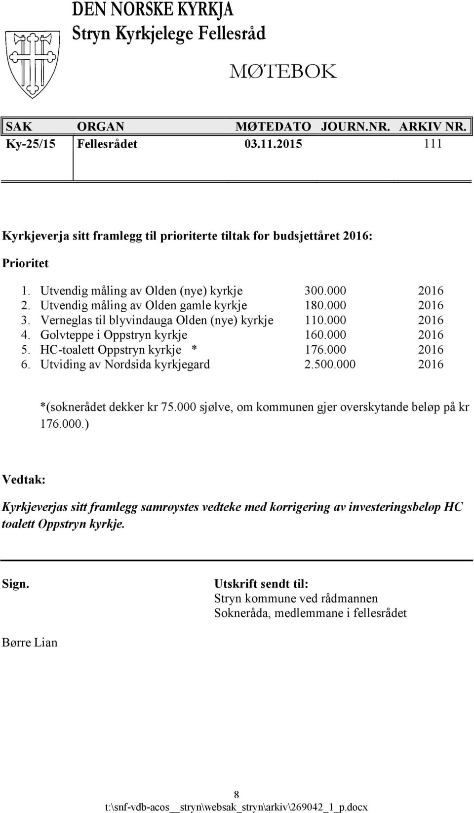 HC-toalett Oppstryn kyrkje * 176.000 2016 6. Utviding av Nordsida kyrkjegard 2.500.000 2016 *(soknerådet dekker kr 75.000 sjølve, om kommunen gjer overskytande beløp på kr 176.