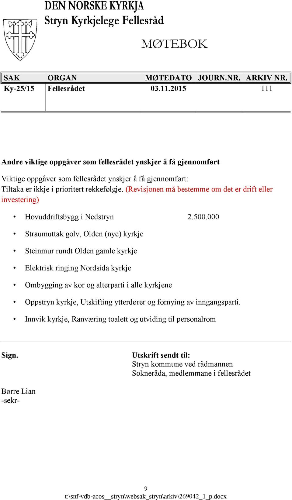 000 Straumuttak golv, Olden (nye) kyrkje Steinmur rundt Olden gamle kyrkje Elektrisk ringing Nordsida kyrkje Ombygging av kor og alterparti i alle kyrkjene