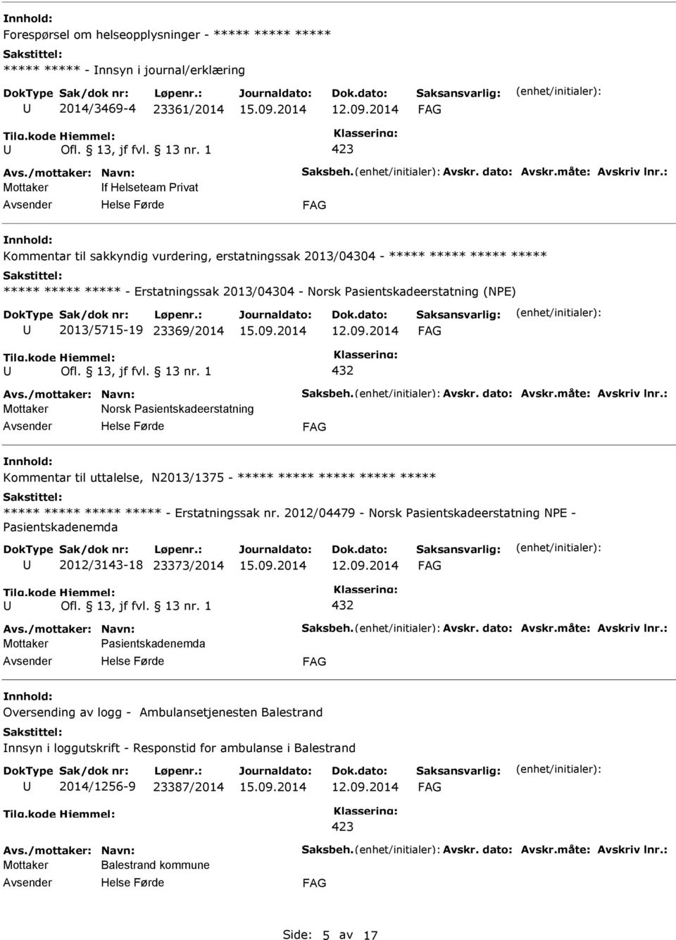 2013/5715-19 23369/2014 432 Avs./mottaker: Navn: Saksbeh. Avskr. dato: Avskr.måte: Avskriv lnr.