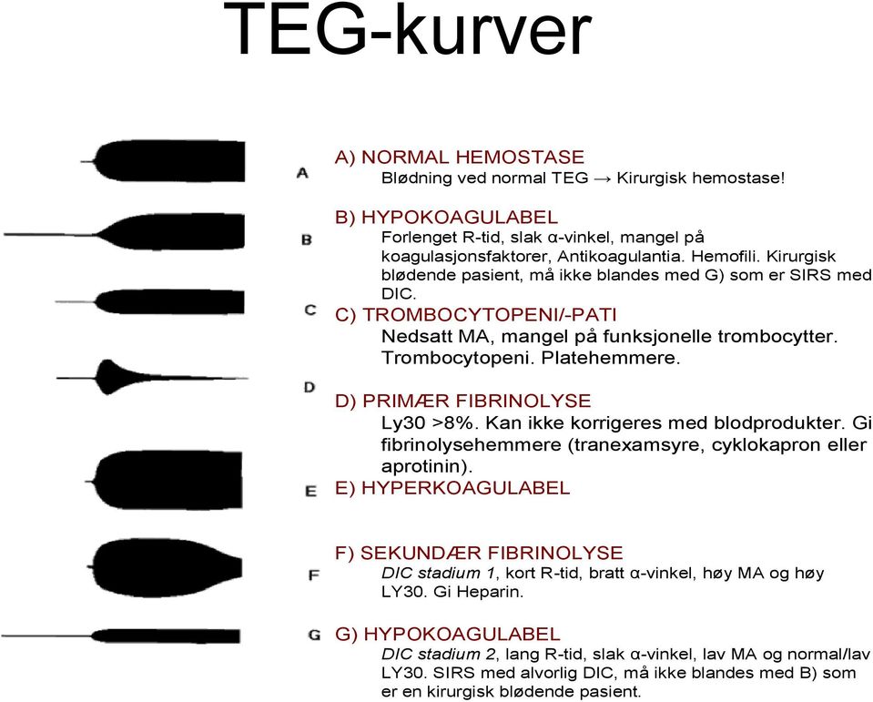 D) PRIMÆR FIBRINOLYSE Ly30 >8%. Kan ikke korrigeres med blodprodukter. Gi fibrinolysehemmere (tranexamsyre, cyklokapron eller aprotinin).